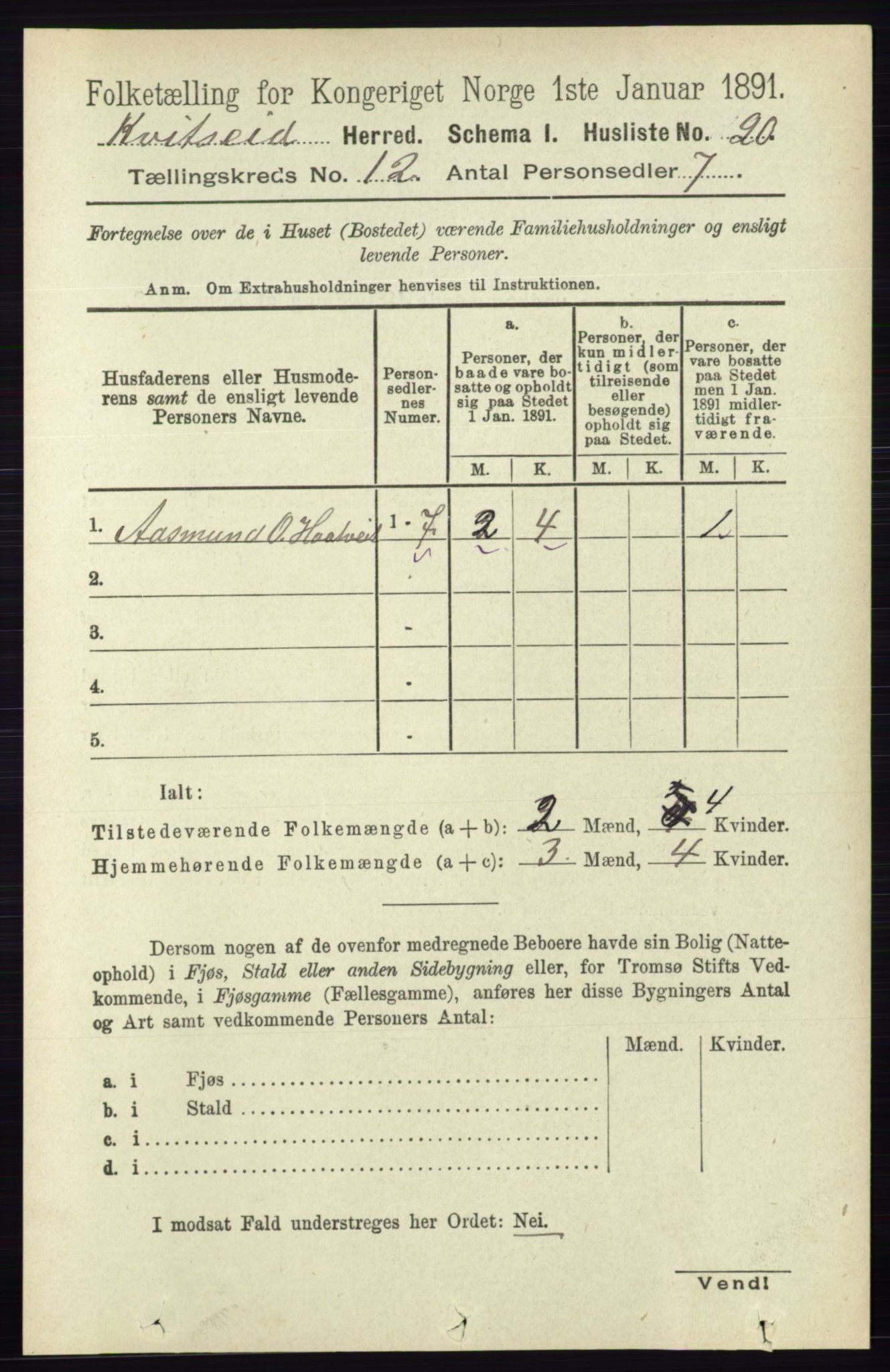 RA, 1891 census for 0829 Kviteseid, 1891, p. 2833