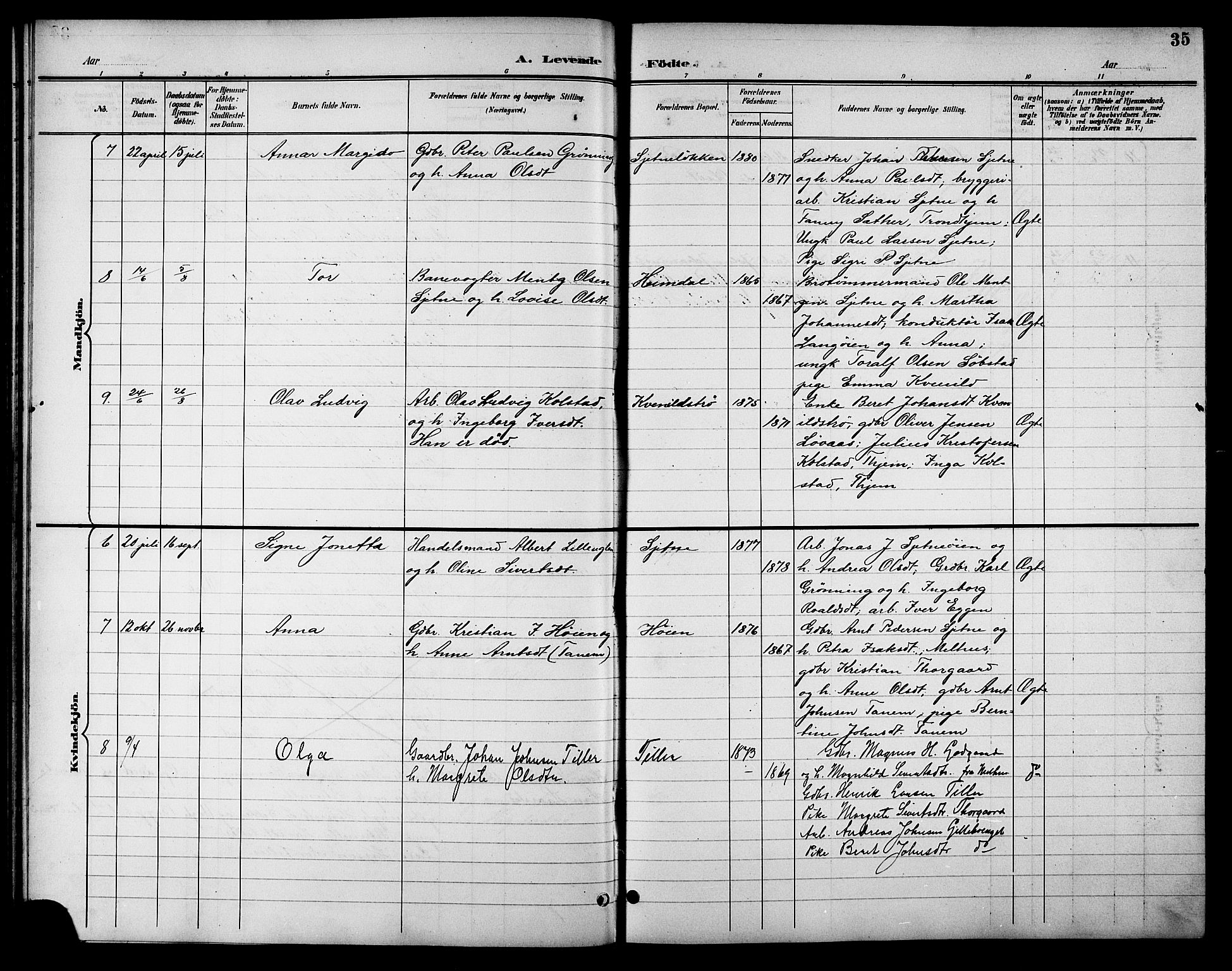 Ministerialprotokoller, klokkerbøker og fødselsregistre - Sør-Trøndelag, SAT/A-1456/621/L0460: Parish register (copy) no. 621C03, 1896-1914, p. 35