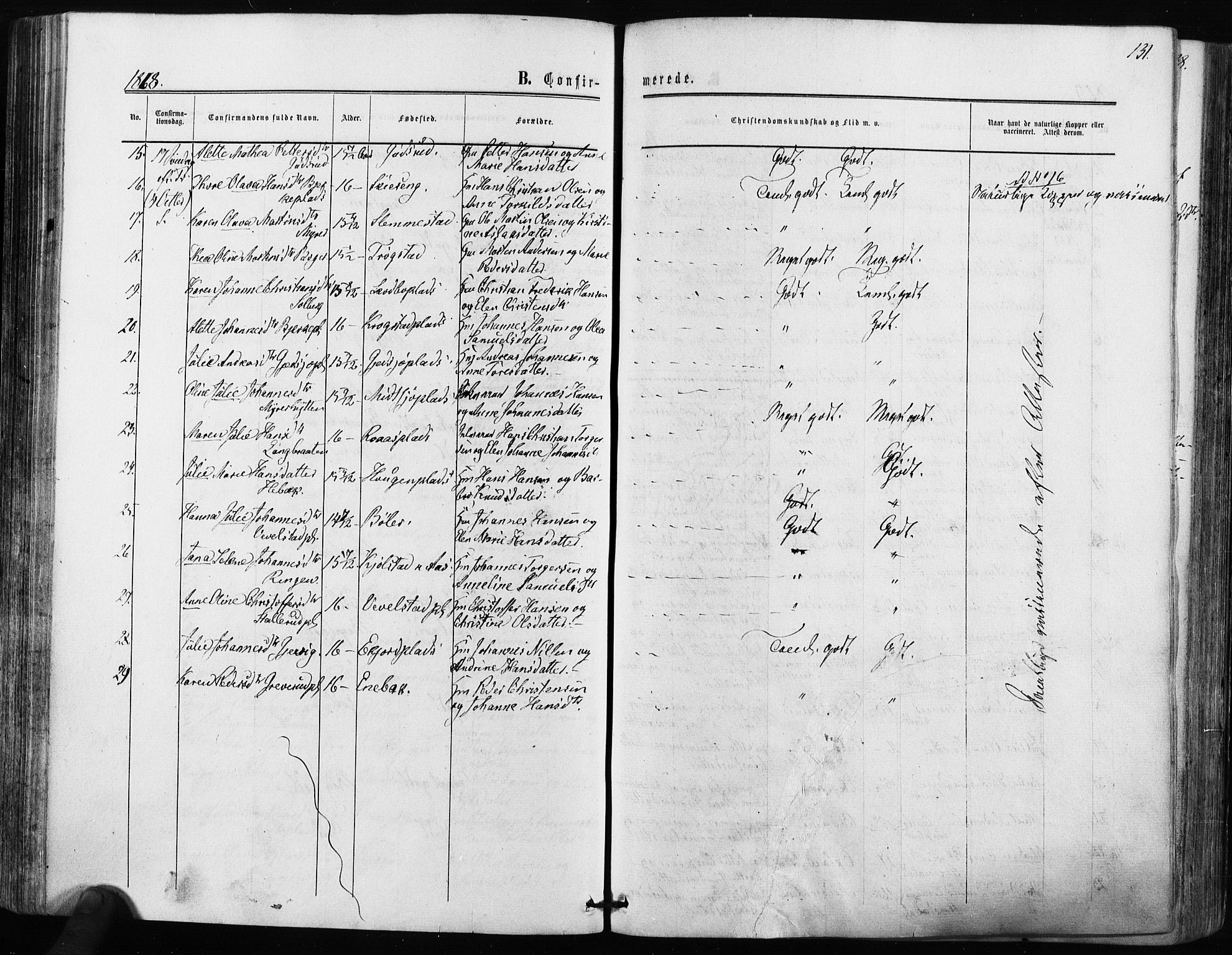 Kråkstad prestekontor Kirkebøker, AV/SAO-A-10125a/F/Fa/L0007: Parish register (official) no. I 7, 1858-1870, p. 131