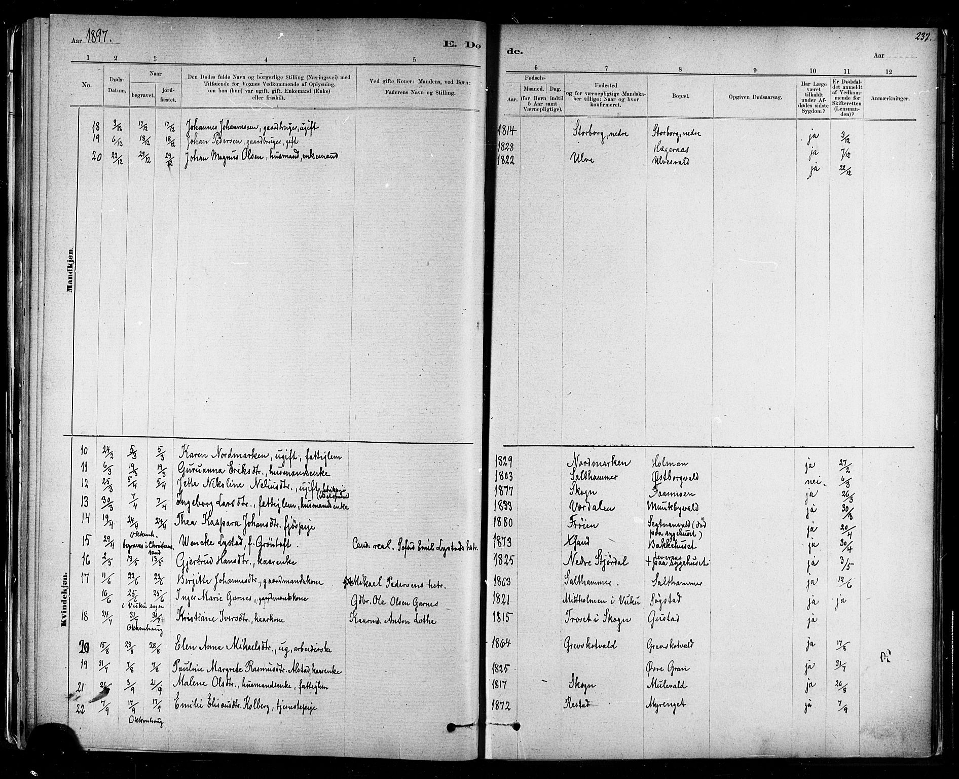 Ministerialprotokoller, klokkerbøker og fødselsregistre - Nord-Trøndelag, AV/SAT-A-1458/721/L0208: Parish register (copy) no. 721C01, 1880-1917, p. 237