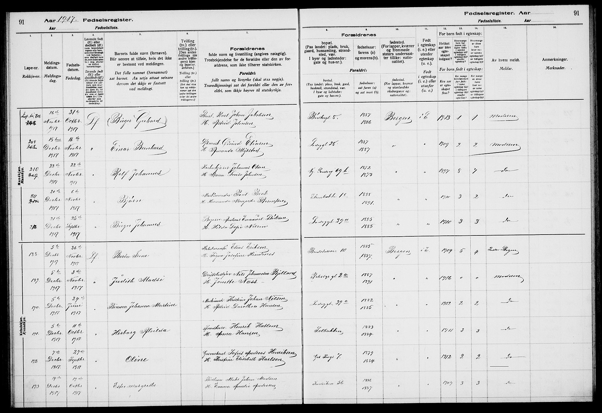 Sandviken Sokneprestembete, AV/SAB-A-77601/I/Ib/L00A1: Birth register no. A 1, 1915-1920, p. 91