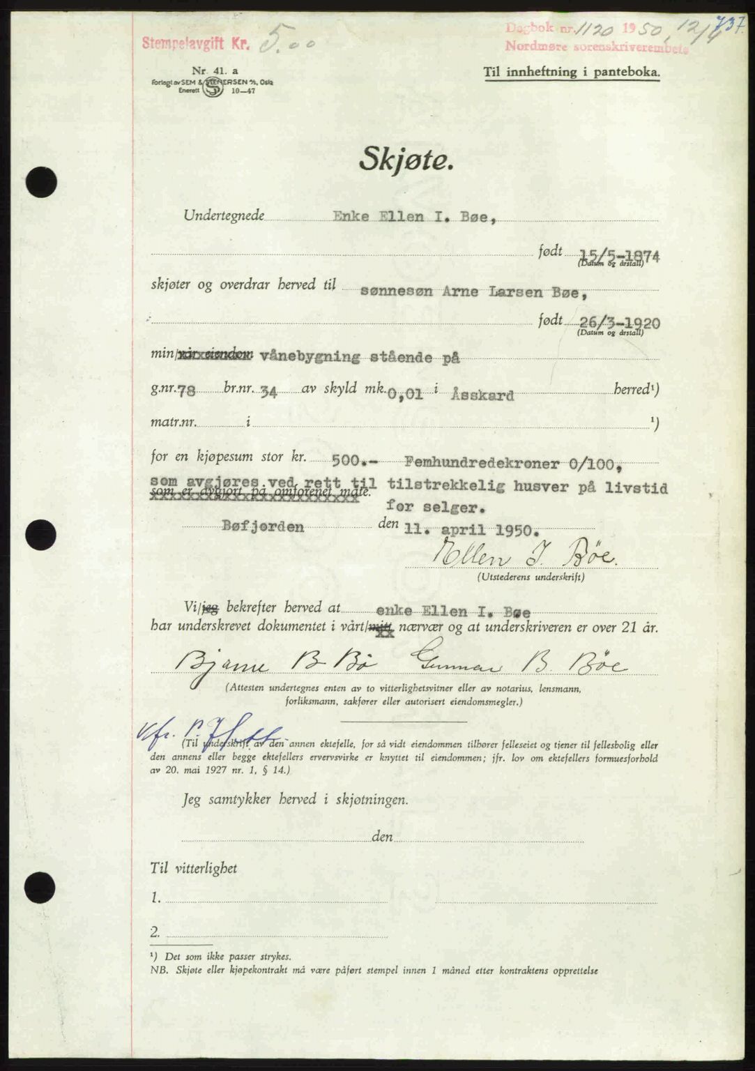 Nordmøre sorenskriveri, AV/SAT-A-4132/1/2/2Ca: Mortgage book no. A114, 1950-1950, Diary no: : 1120/1950