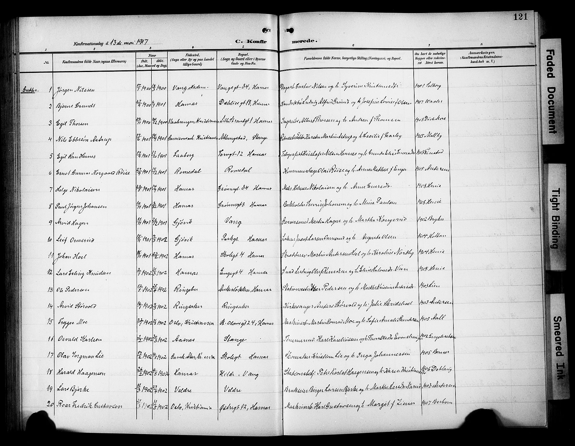 Hamar prestekontor, SAH/DOMPH-002/H/Ha/Hab/L0002: Parish register (copy) no. 2, 1899-1929, p. 121