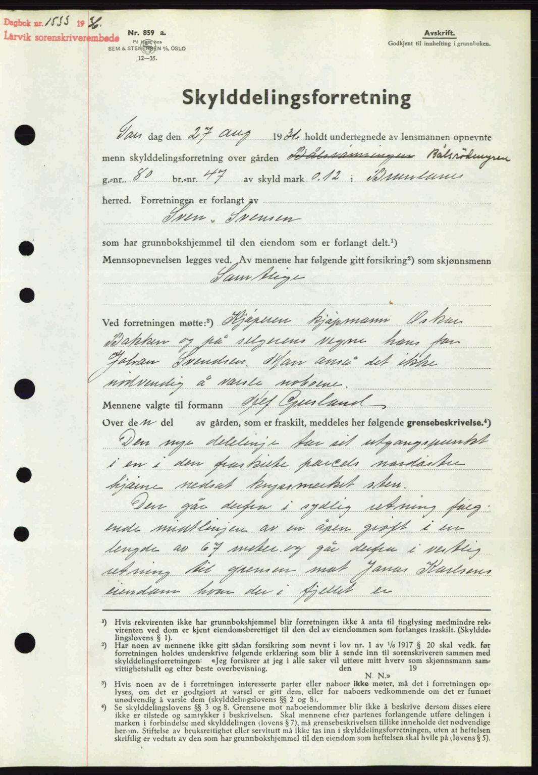 Larvik sorenskriveri, SAKO/A-83/G/Ga/Gab/L0067: Mortgage book no. A-1, 1936-1937, Diary no: : 1533/1936