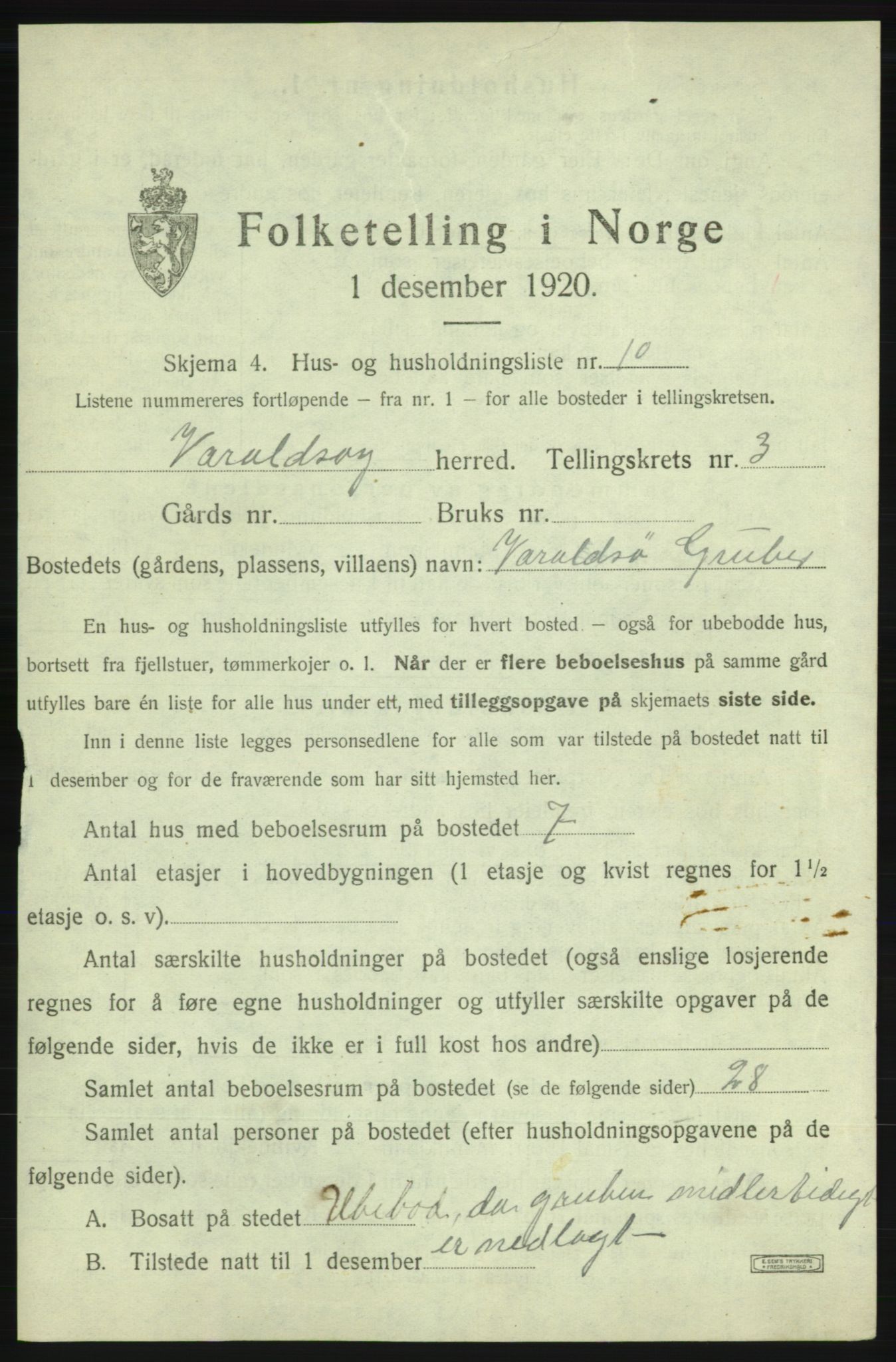 SAB, 1920 census for Varaldsøy, 1920, p. 278