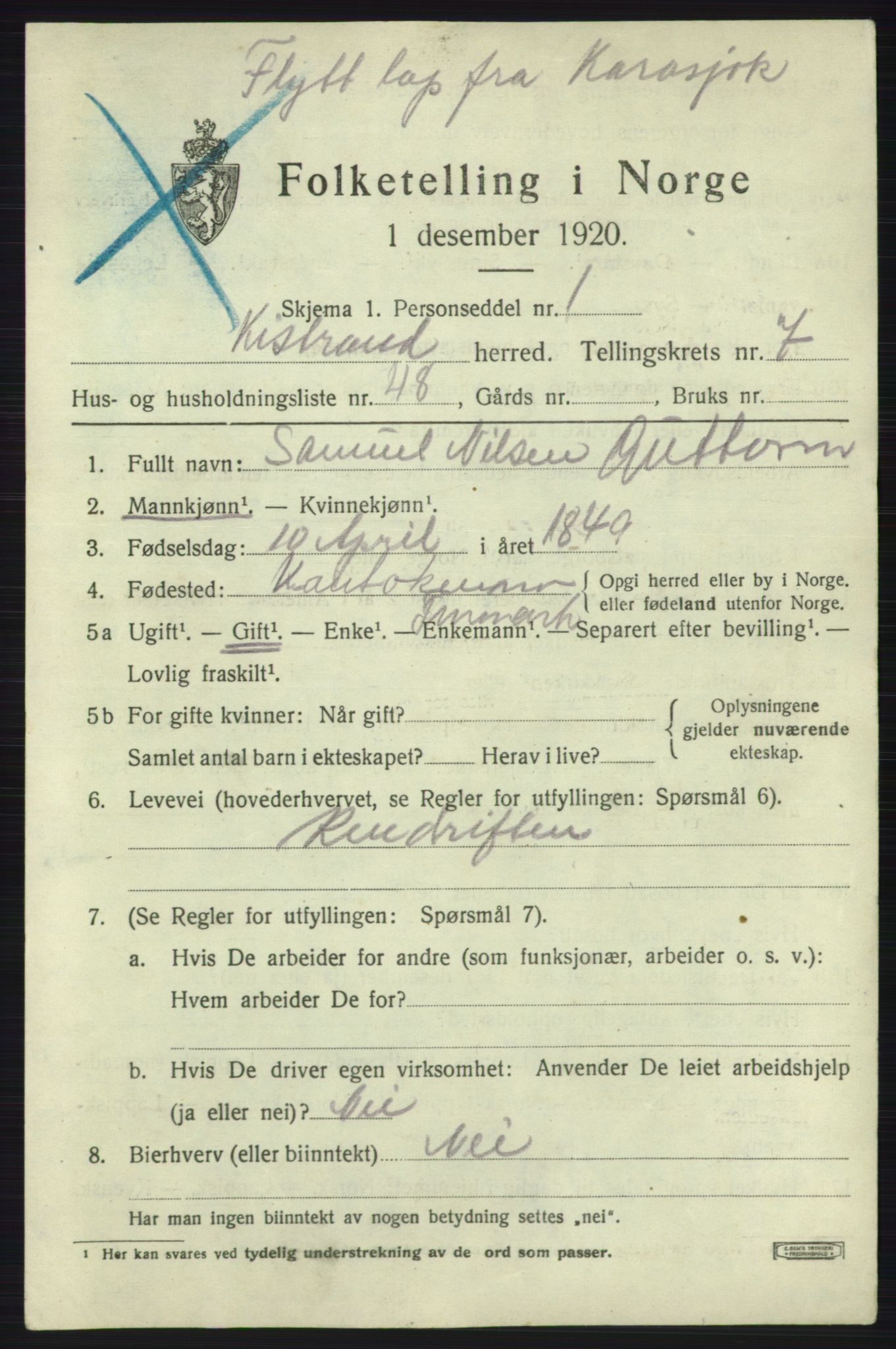 SATØ, 1920 census for Kistrand, 1920, p. 4738