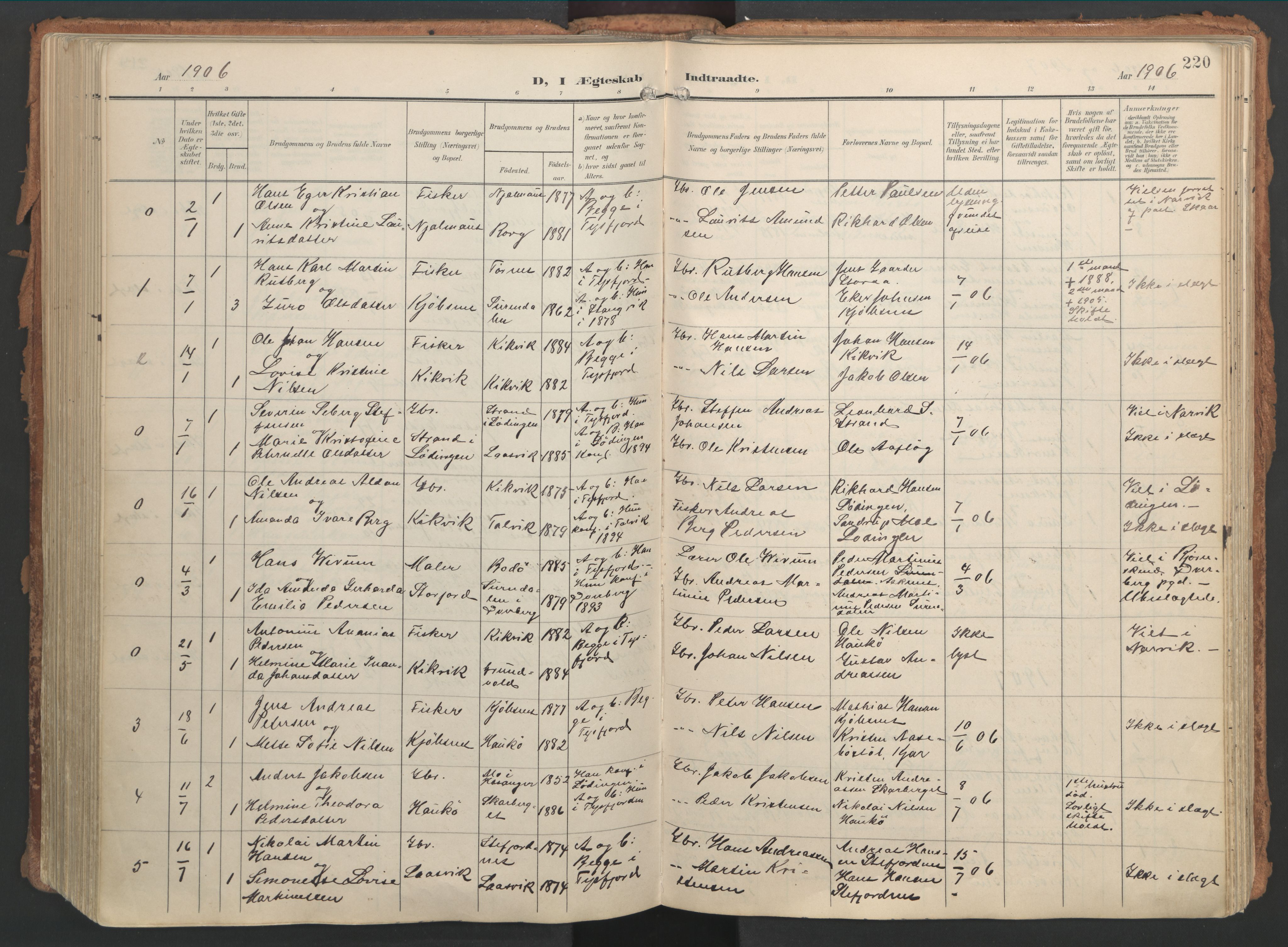 Ministerialprotokoller, klokkerbøker og fødselsregistre - Nordland, AV/SAT-A-1459/861/L0871: Parish register (official) no. 861A06, 1903-1916, p. 220