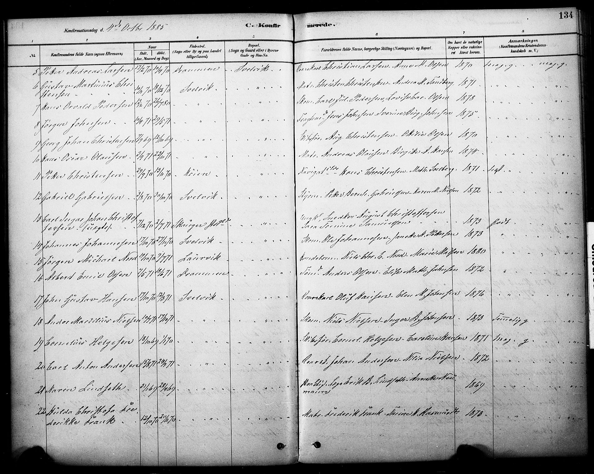 Strømm kirkebøker, AV/SAKO-A-322/F/Fb/L0001: Parish register (official) no. II 1, 1878-1899, p. 134