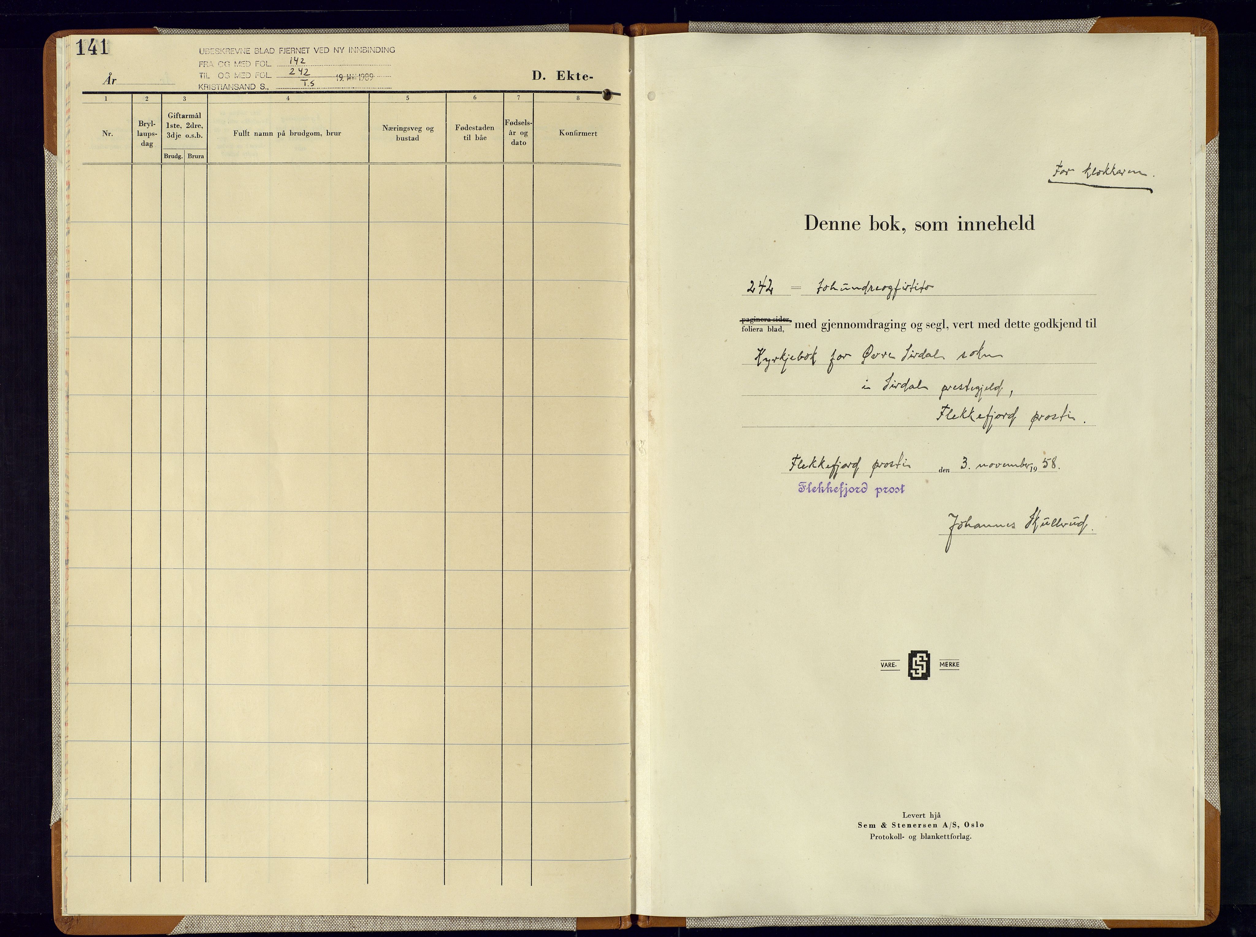 Sirdal sokneprestkontor, SAK/1111-0036/F/Fb/Fba/L0004: Parish register (copy) no. B-4, 1950-1957, p. 141