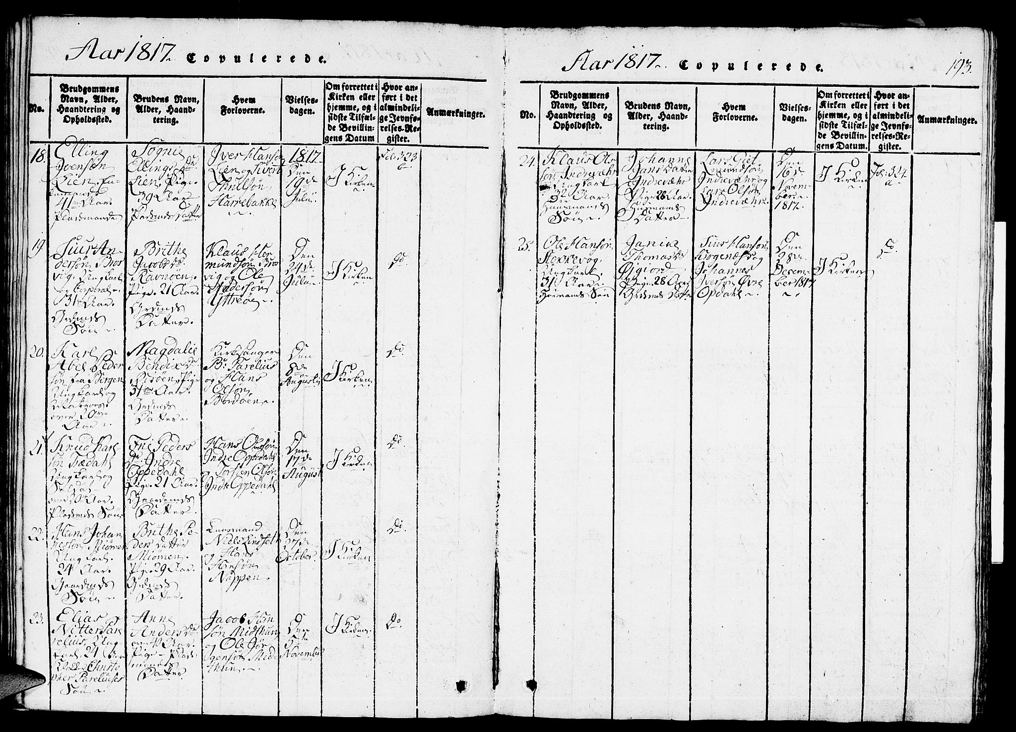 Gulen sokneprestembete, AV/SAB-A-80201/H/Haa/Haaa/L0018: Parish register (official) no. A 18, 1816-1825, p. 193