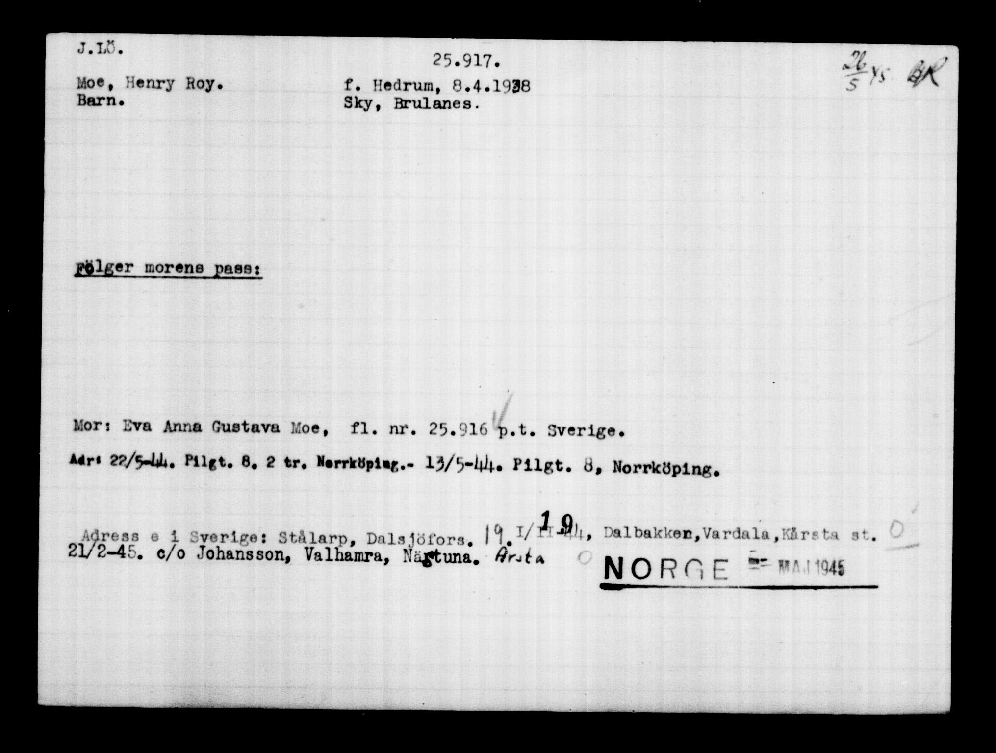 Den Kgl. Norske Legasjons Flyktningskontor, RA/S-6753/V/Va/L0011: Kjesäterkartoteket.  Flyktningenr. 25300-28349, 1940-1945, p. 645