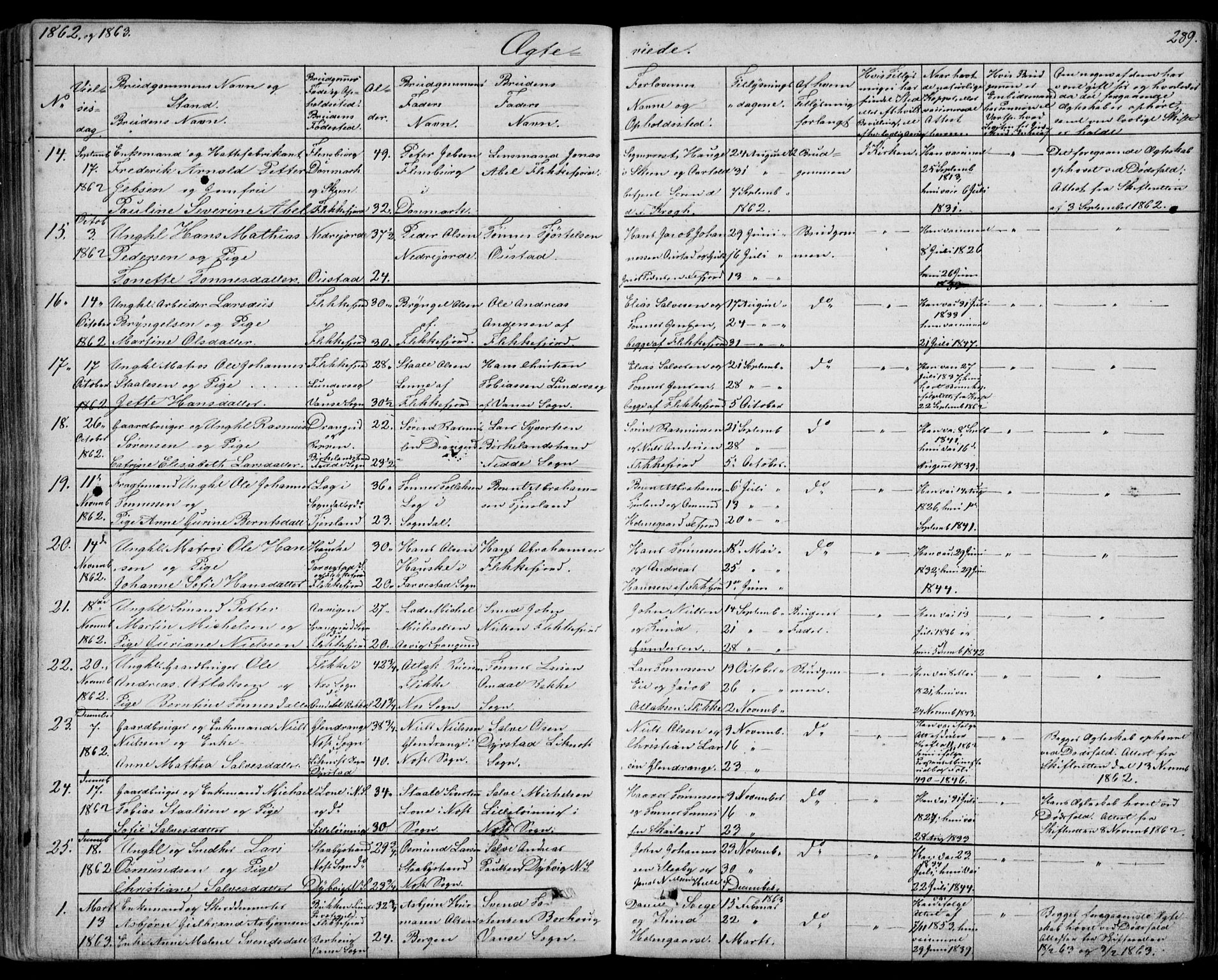 Flekkefjord sokneprestkontor, SAK/1111-0012/F/Fb/Fbc/L0005: Parish register (copy) no. B 5, 1846-1866, p. 289