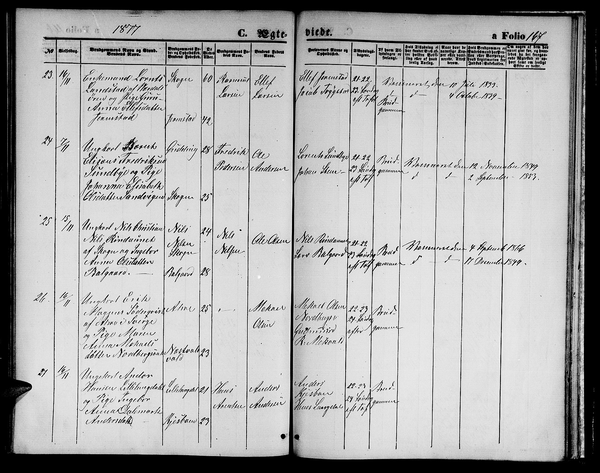 Ministerialprotokoller, klokkerbøker og fødselsregistre - Nord-Trøndelag, AV/SAT-A-1458/723/L0255: Parish register (copy) no. 723C03, 1869-1879, p. 167