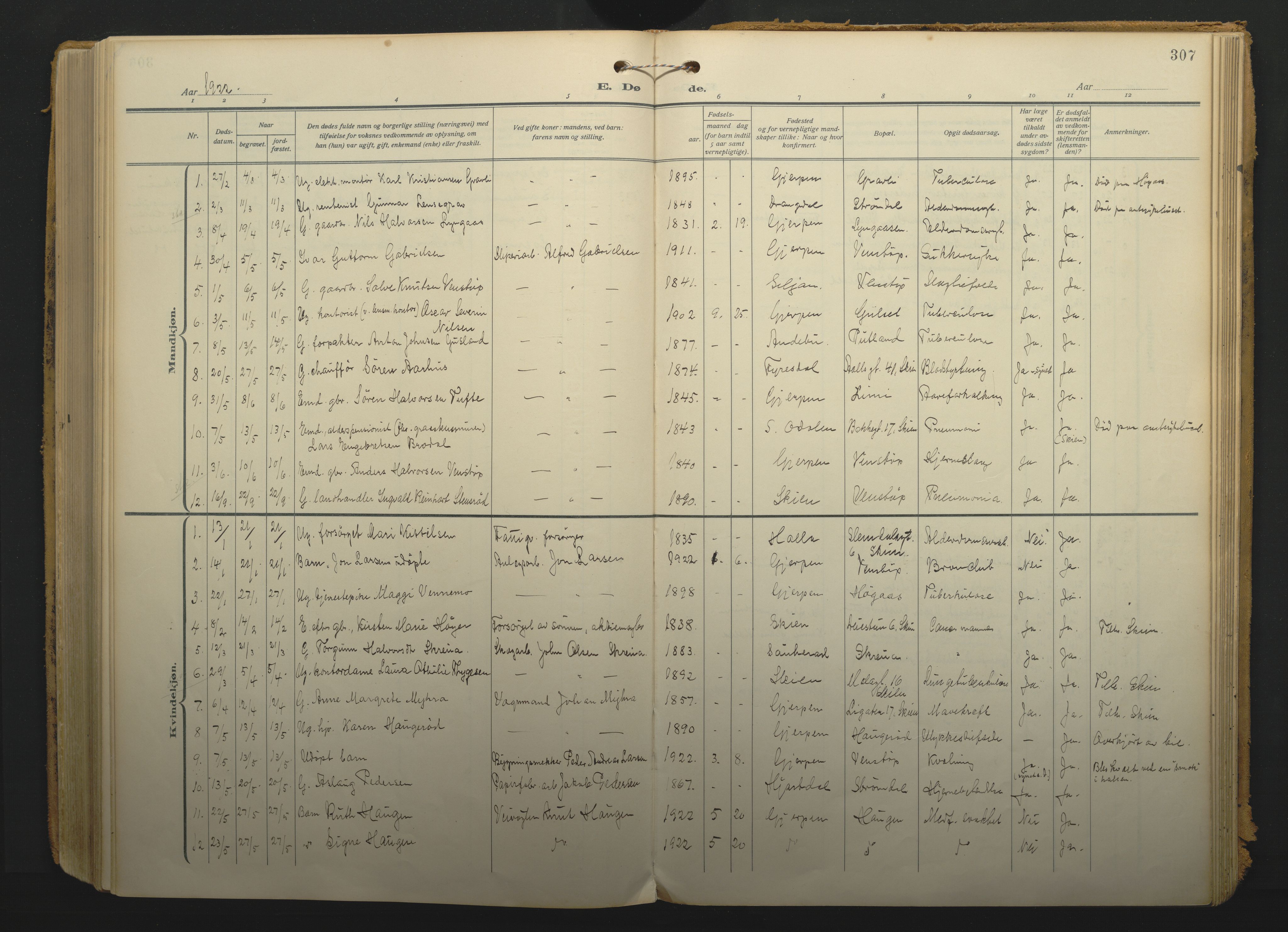 Gjerpen kirkebøker, SAKO/A-265/F/Fa/L0013: Parish register (official) no. I 13, 1914-1924, p. 307