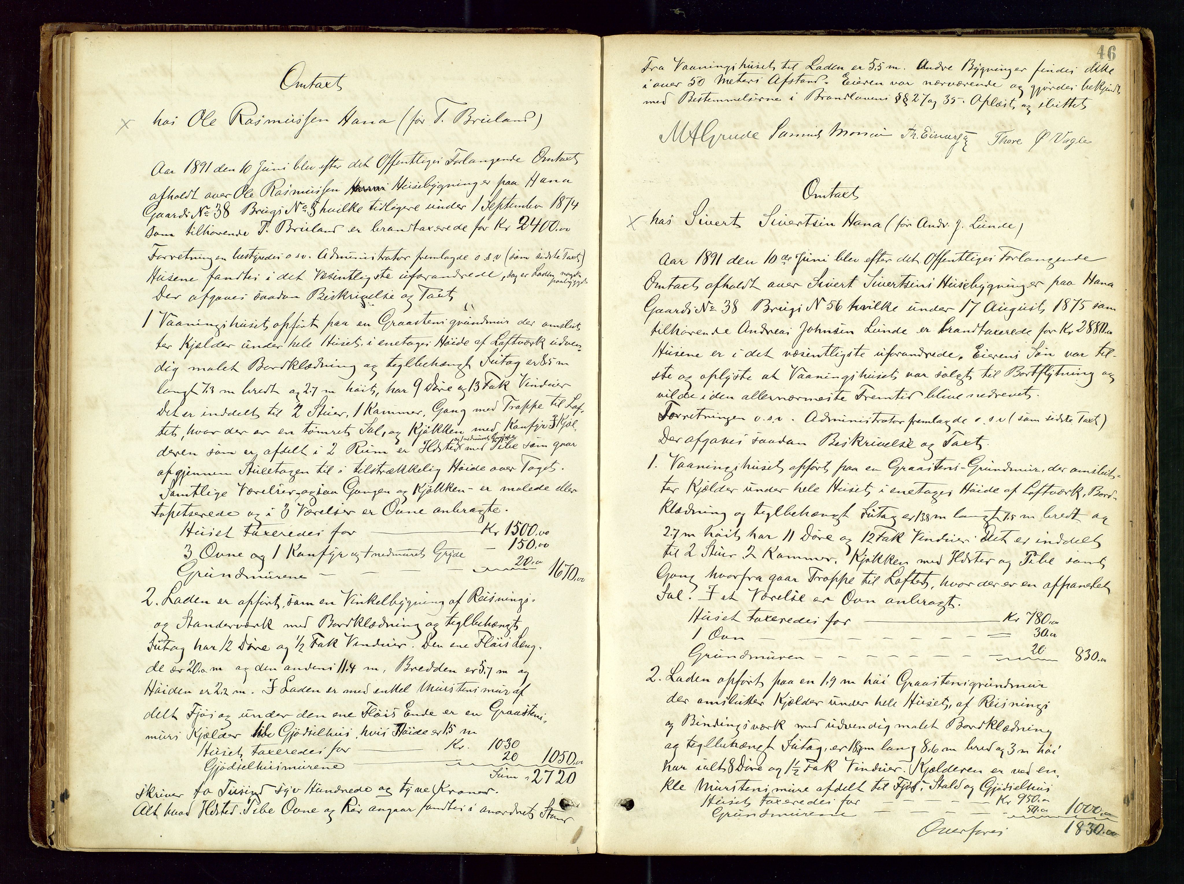 Høyland/Sandnes lensmannskontor, SAST/A-100166/Goa/L0002: "Brandtaxtprotokol for Landafdelingen i Høiland", 1880-1917, p. 45b-46a