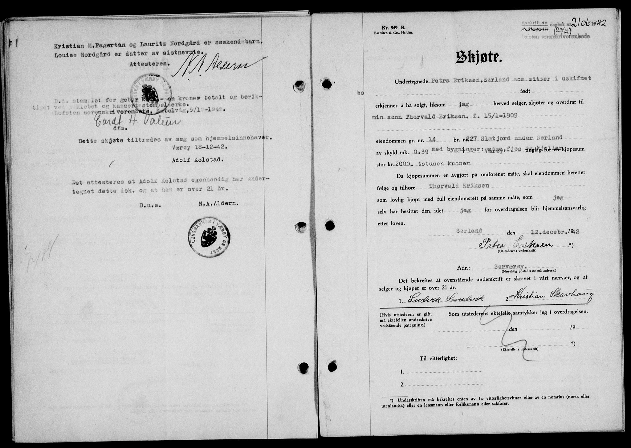 Lofoten sorenskriveri, SAT/A-0017/1/2/2C/L0010a: Mortgage book no. 10a, 1942-1943, Diary no: : 2106/1942