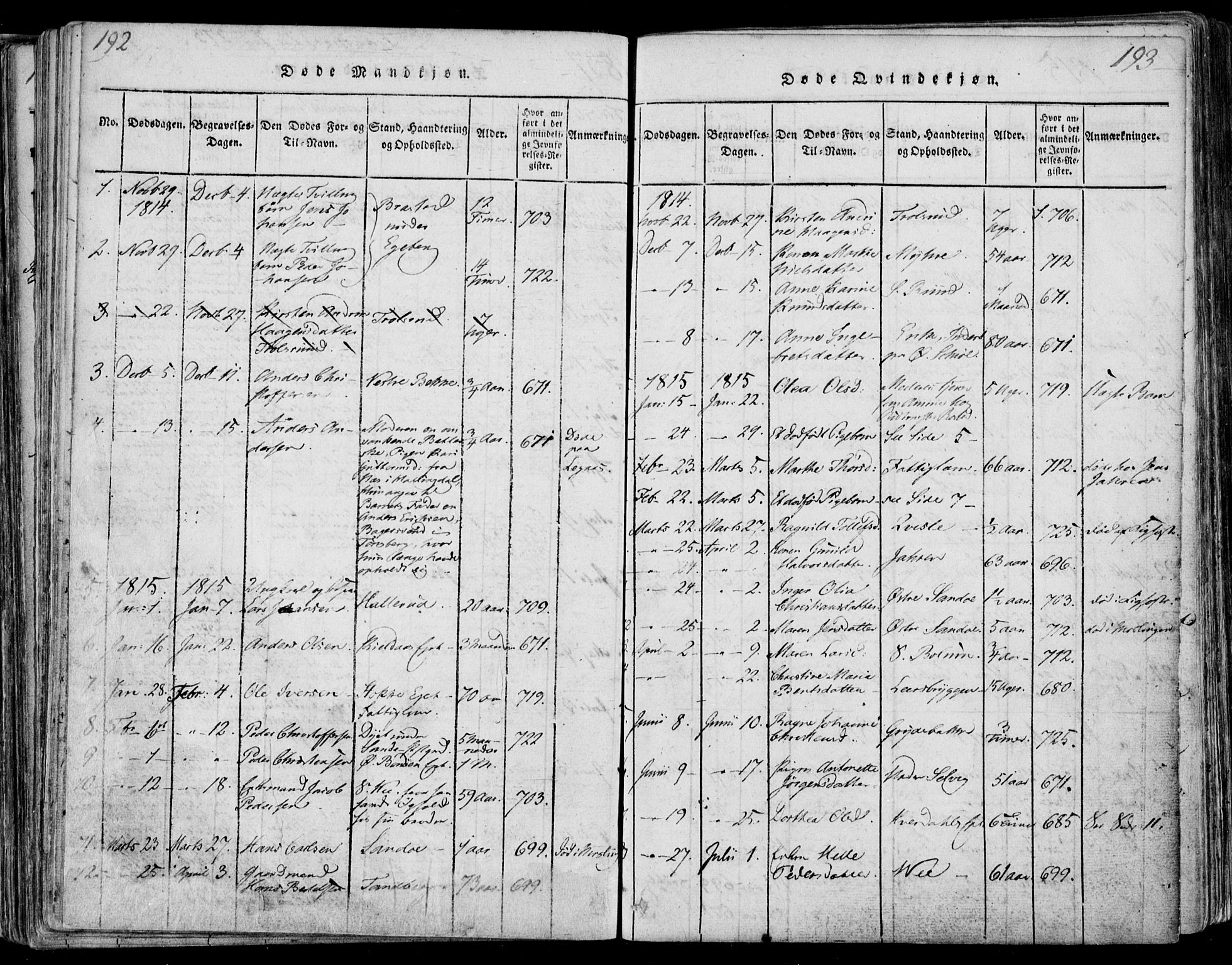 Sande Kirkebøker, SAKO/A-53/F/Fa/L0003: Parish register (official) no. 3, 1814-1847, p. 192-193