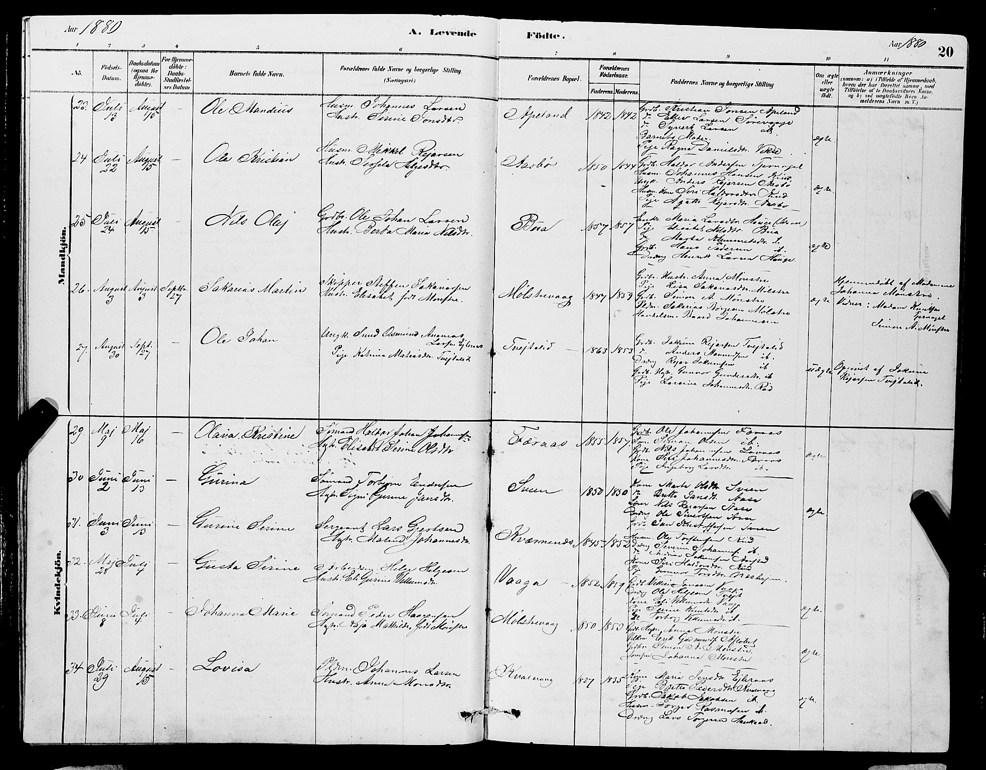 Sveio Sokneprestembete, AV/SAB-A-78501/H/Hab: Parish register (copy) no. A 3, 1878-1896, p. 20