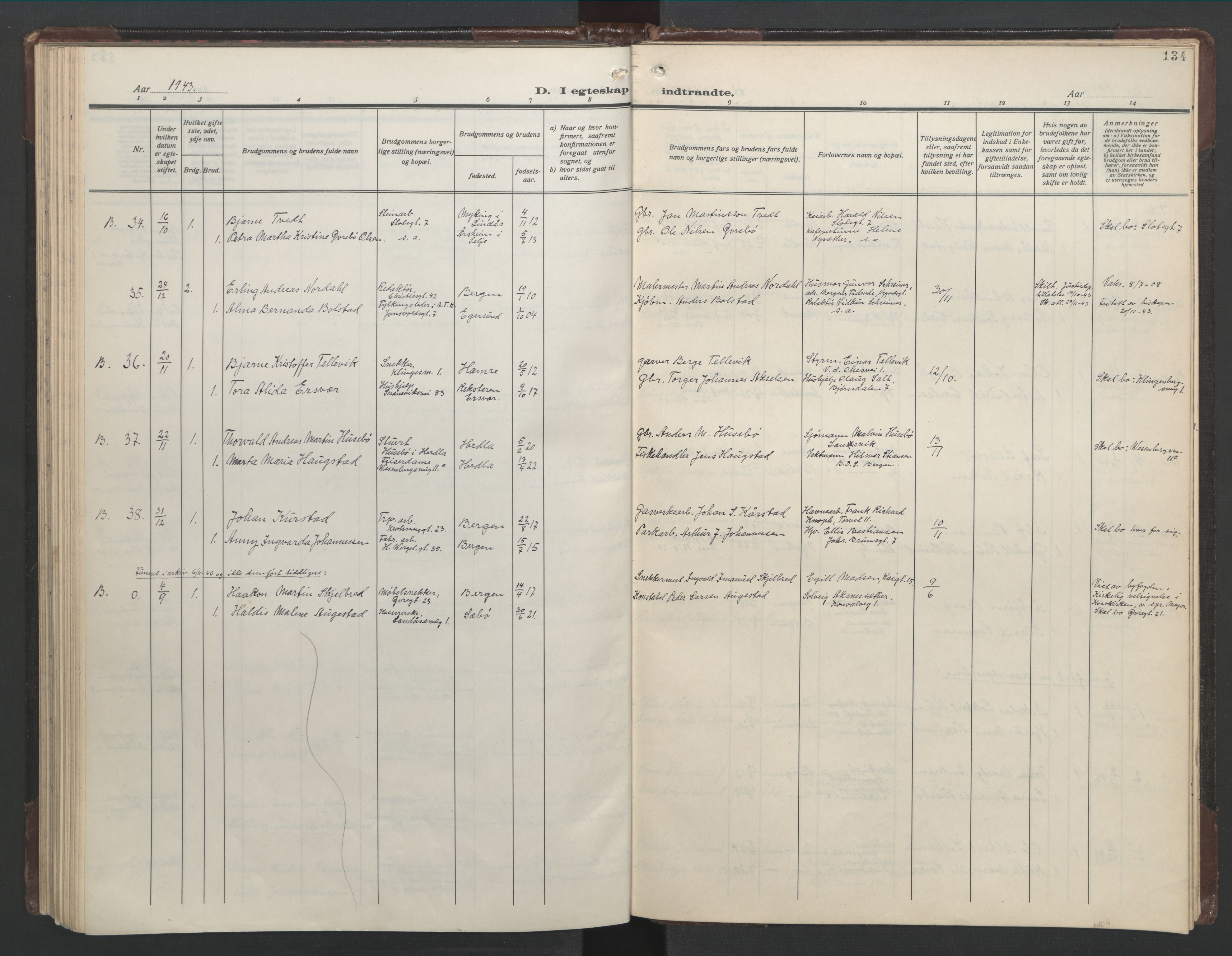 Mariakirken Sokneprestembete, AV/SAB-A-76901/H/Hab/L0011: Parish register (copy) no. A 11, 1938-1955, p. 133b-134a