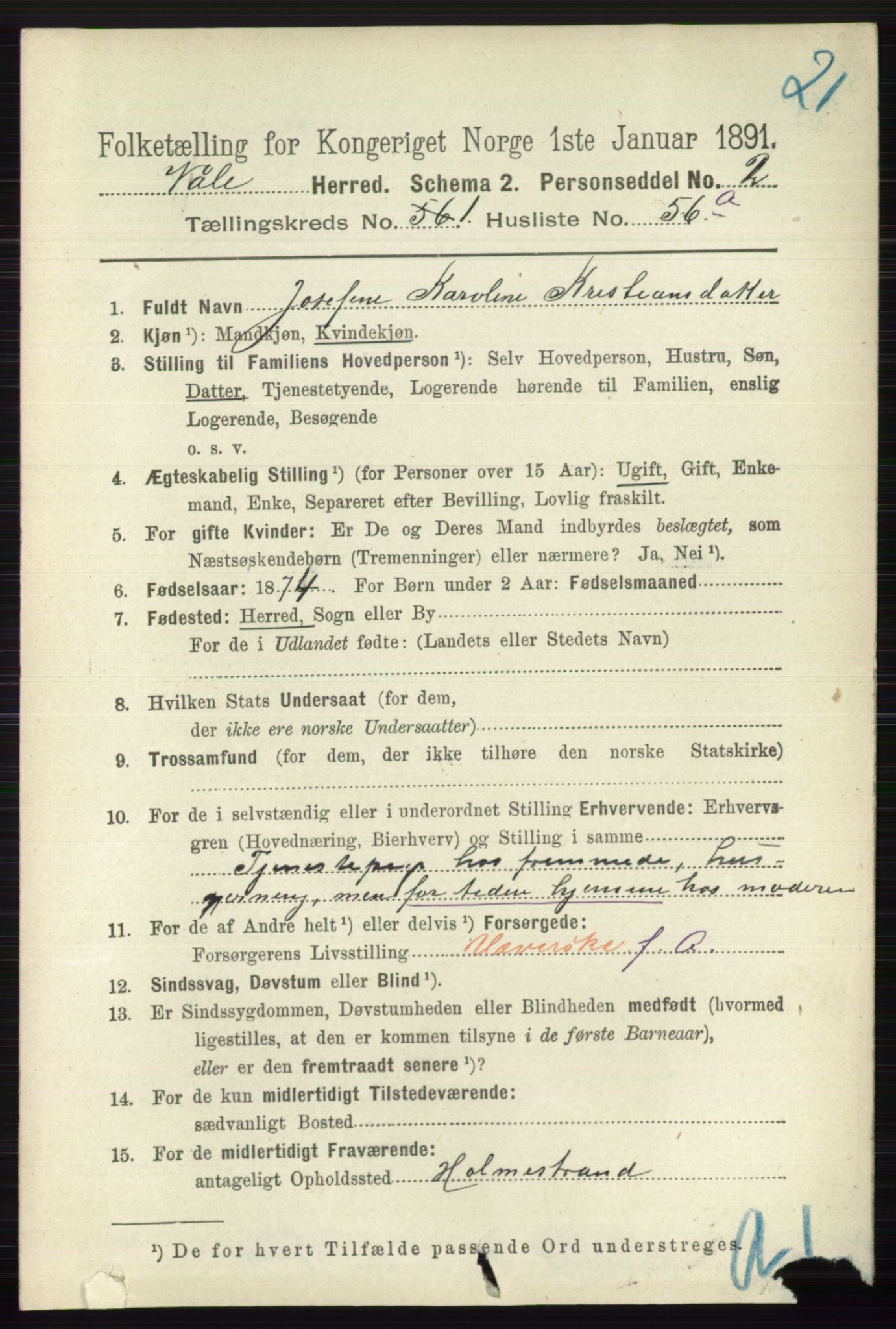 RA, 1891 census for 0716 Våle, 1891, p. 421