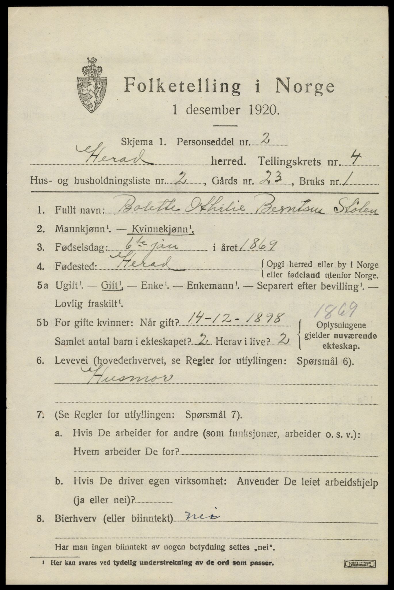 SAK, 1920 census for Herad, 1920, p. 1732