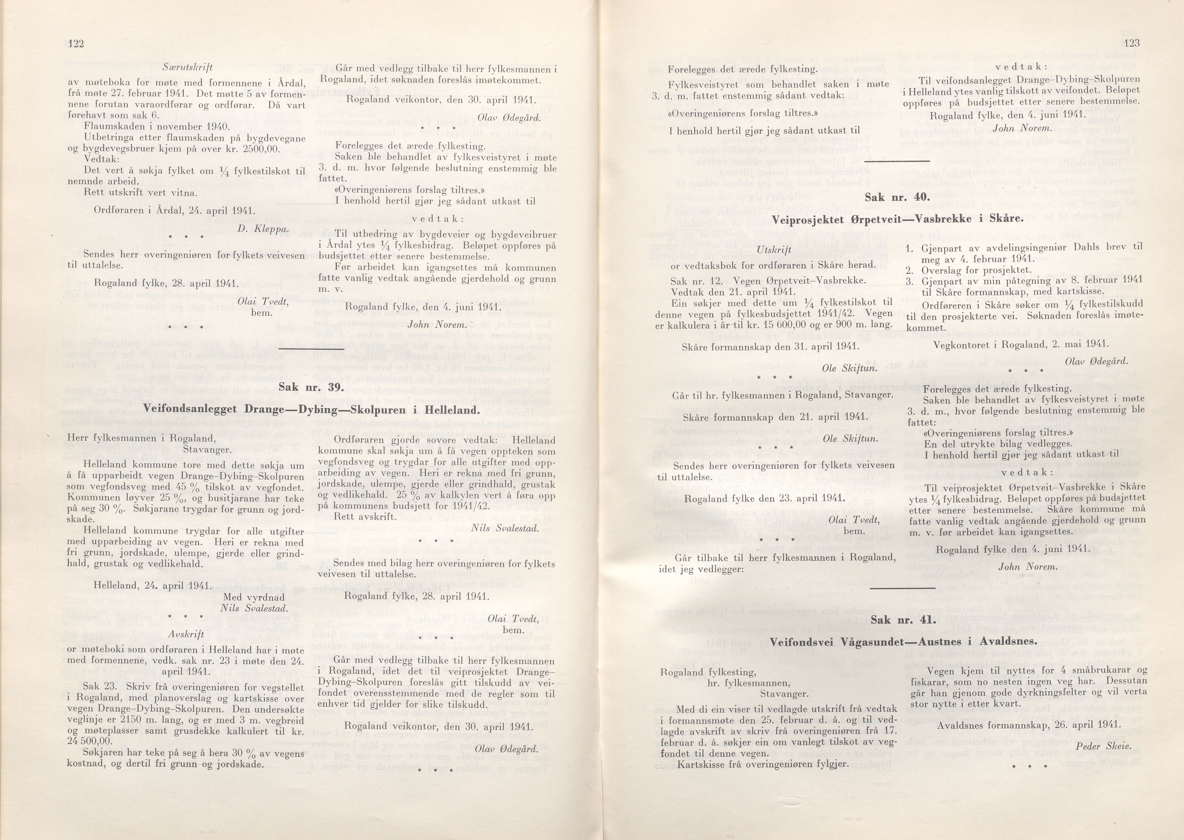 Rogaland fylkeskommune - Fylkesrådmannen , IKAR/A-900/A/Aa/Aaa/L0060: Møtebok , 1941, p. 122-123