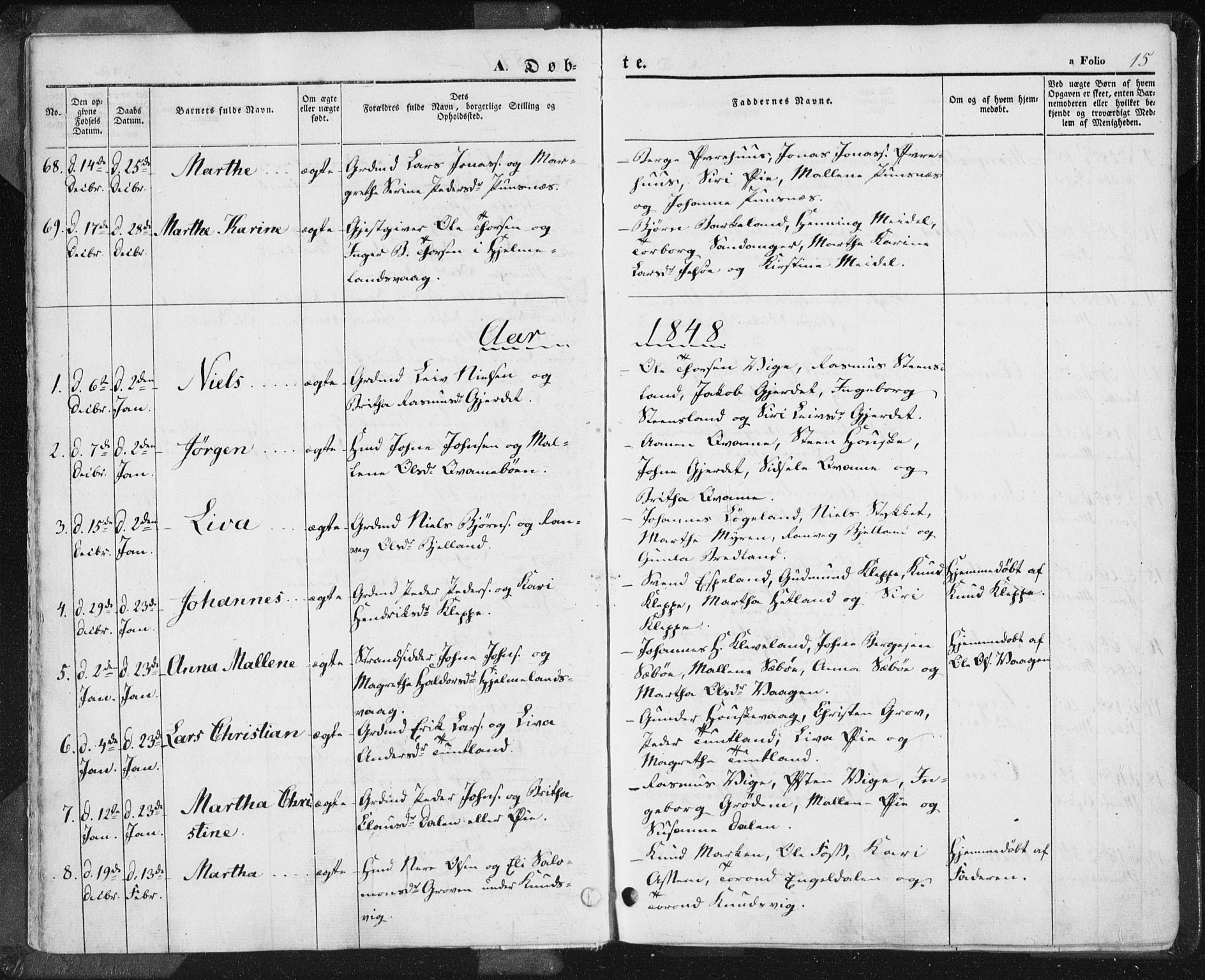 Hjelmeland sokneprestkontor, AV/SAST-A-101843/01/IV/L0009: Parish register (official) no. A 9, 1846-1860, p. 15