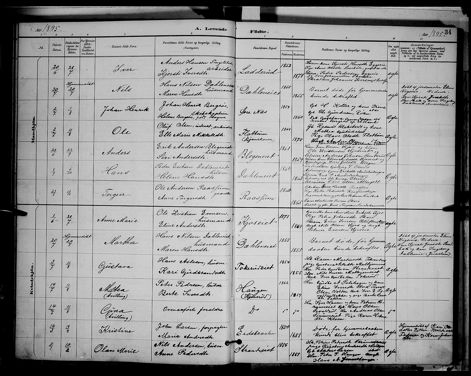 Gran prestekontor, AV/SAH-PREST-112/H/Ha/Hab/L0004: Parish register (copy) no. 4, 1890-1899, p. 34