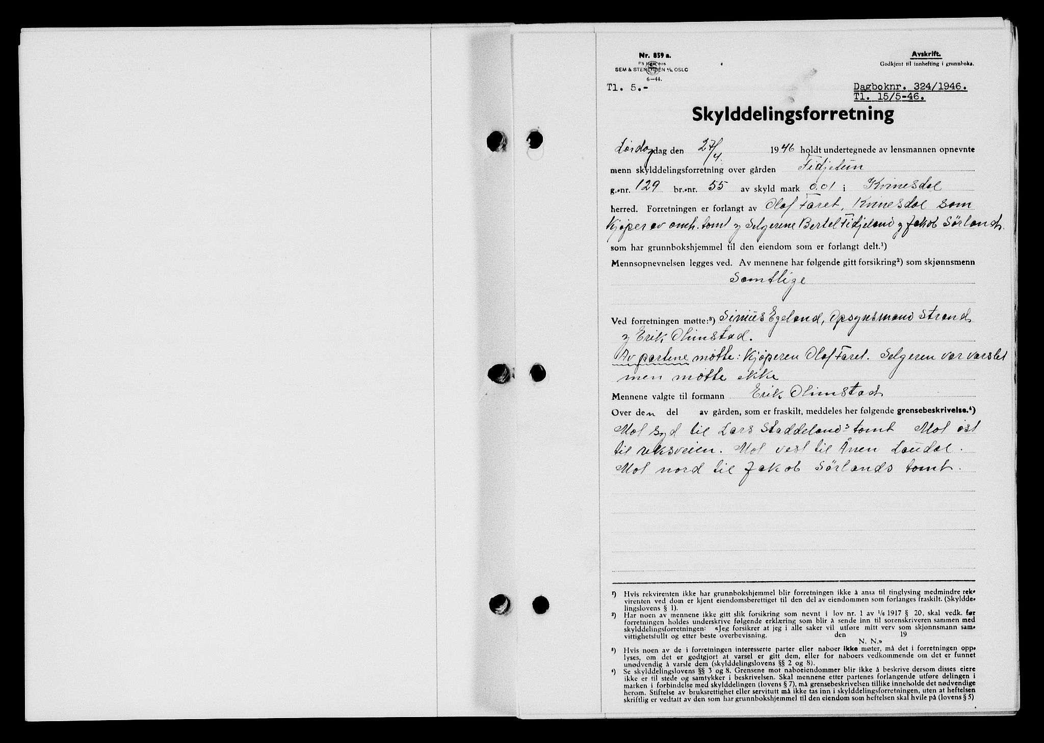Flekkefjord sorenskriveri, SAK/1221-0001/G/Gb/Gba/L0060: Mortgage book no. A-8, 1945-1946, Diary no: : 324/1946