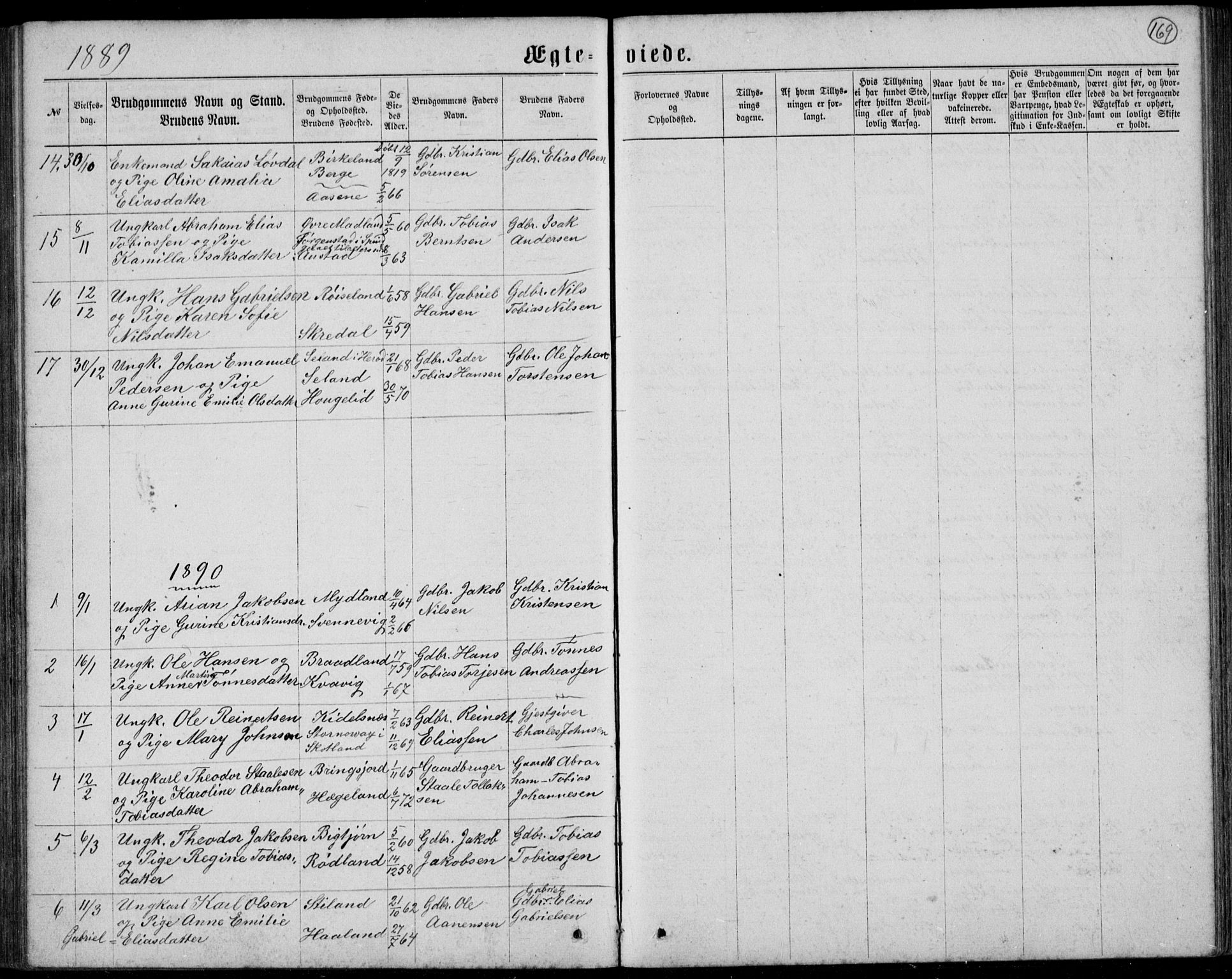 Lyngdal sokneprestkontor, AV/SAK-1111-0029/F/Fb/Fbc/L0004: Parish register (copy) no. B 4, 1878-1896, p. 169