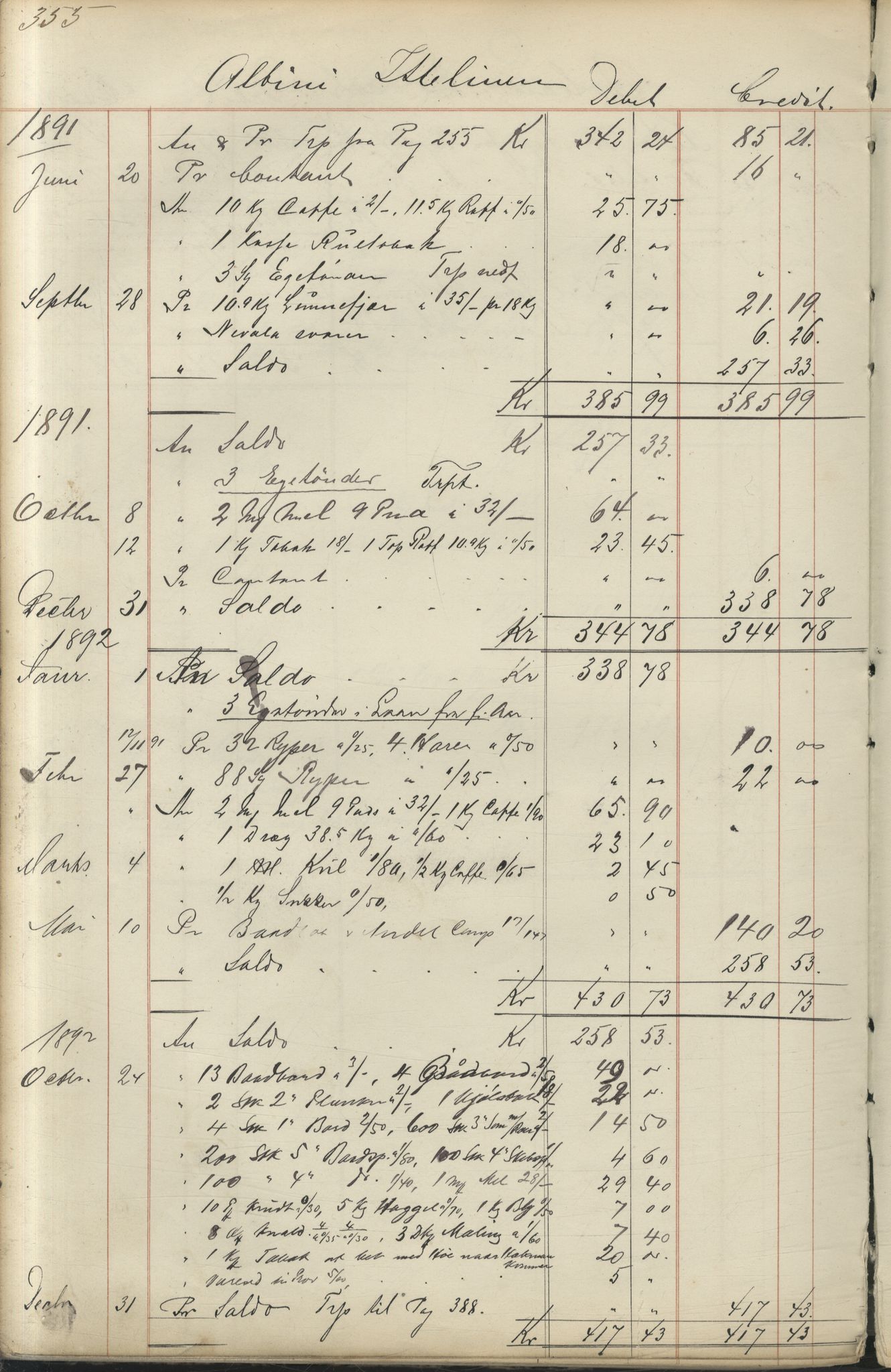 Brodtkorb handel A/S, VAMU/A-0001/F/Fc/L0001/0001: Konto for kvener og nordmenn på Kolahalvøya  / Conto for Kvæner og Nordmænd paa Russefinmarken No 1, 1868-1894, p. 355