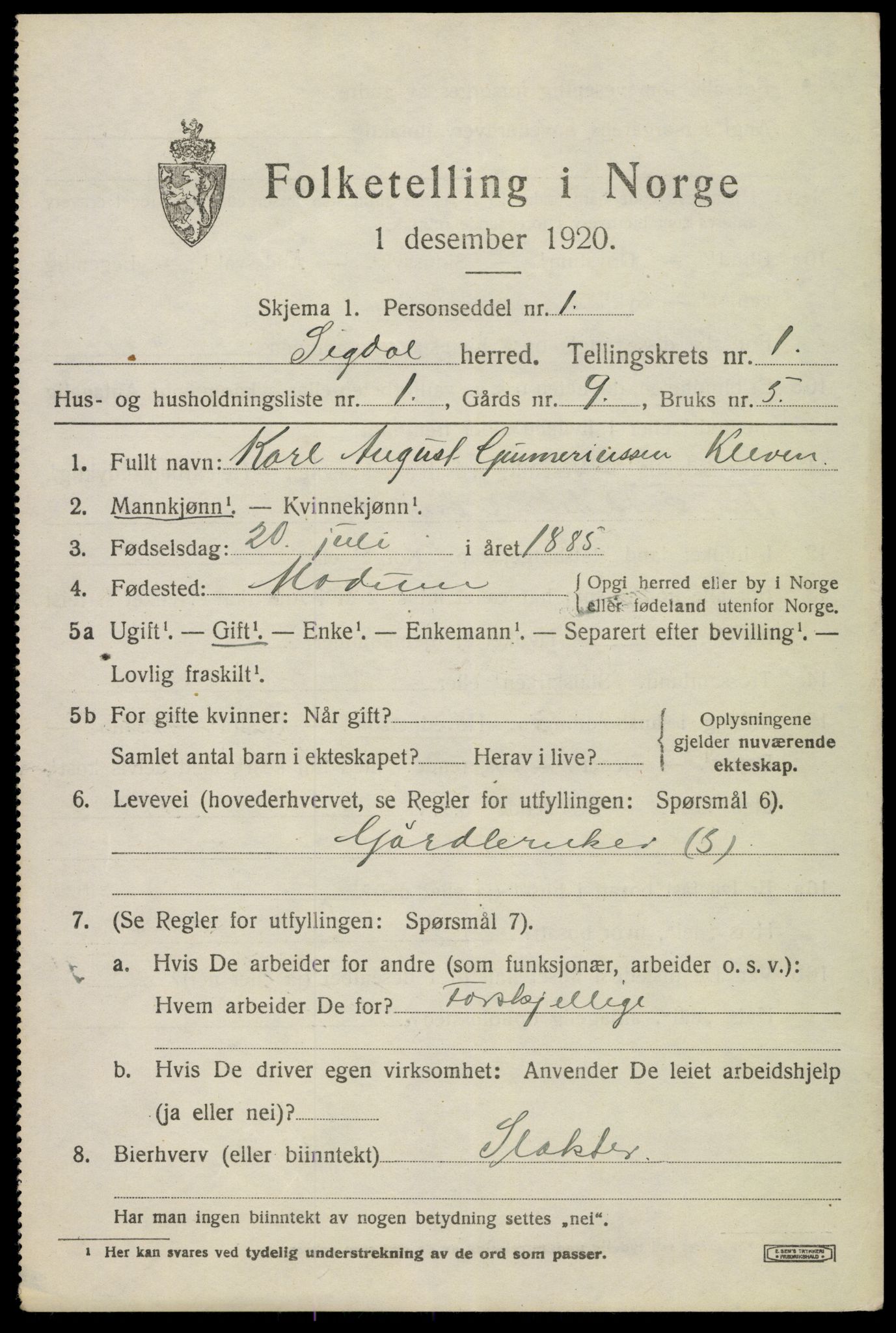 SAKO, 1920 census for Sigdal, 1920, p. 1490