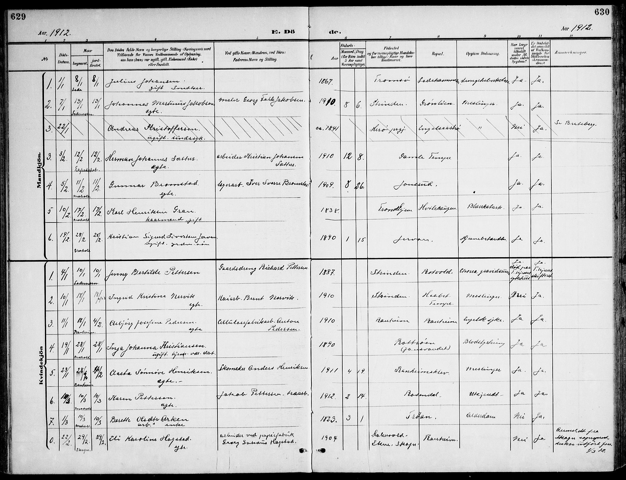Ministerialprotokoller, klokkerbøker og fødselsregistre - Sør-Trøndelag, SAT/A-1456/607/L0320: Parish register (official) no. 607A04, 1907-1915, p. 629-630