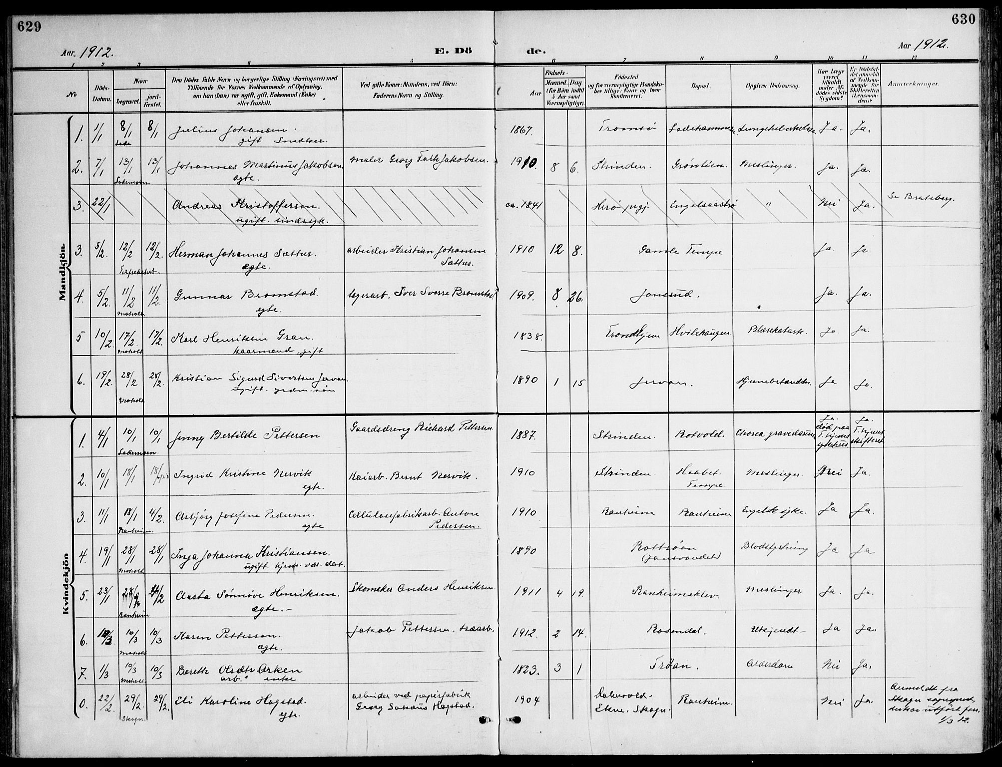 Ministerialprotokoller, klokkerbøker og fødselsregistre - Sør-Trøndelag, AV/SAT-A-1456/607/L0320: Parish register (official) no. 607A04, 1907-1915, p. 629-630