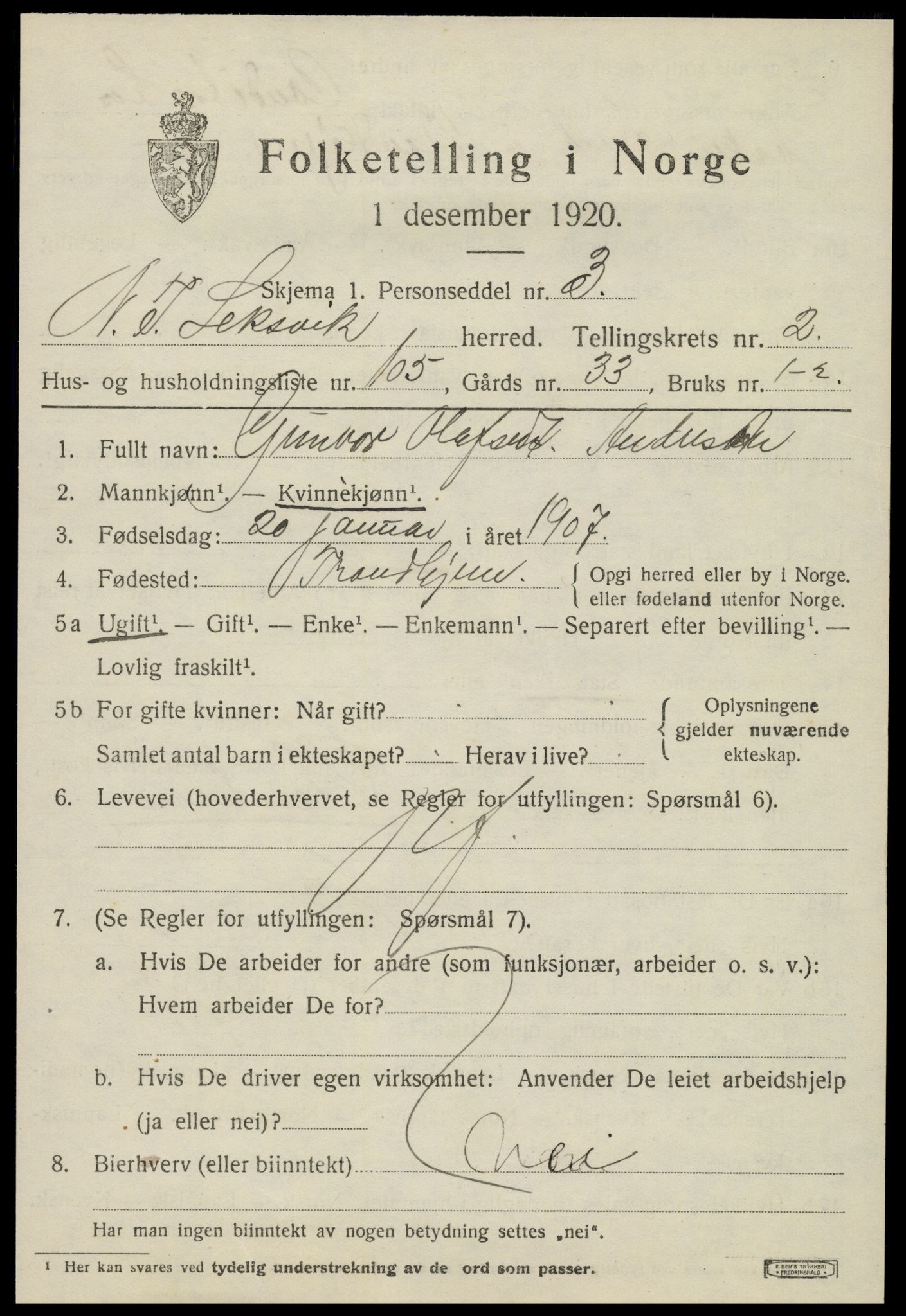 SAT, 1920 census for Leksvik, 1920, p. 2890