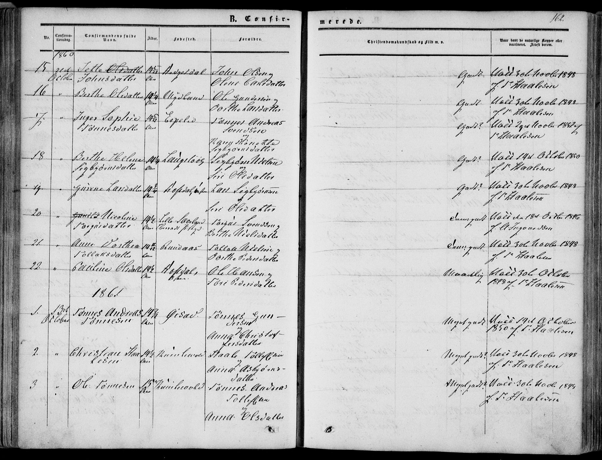 Bakke sokneprestkontor, SAK/1111-0002/F/Fa/Fab/L0002: Parish register (official) no. A 2, 1855-1884, p. 162