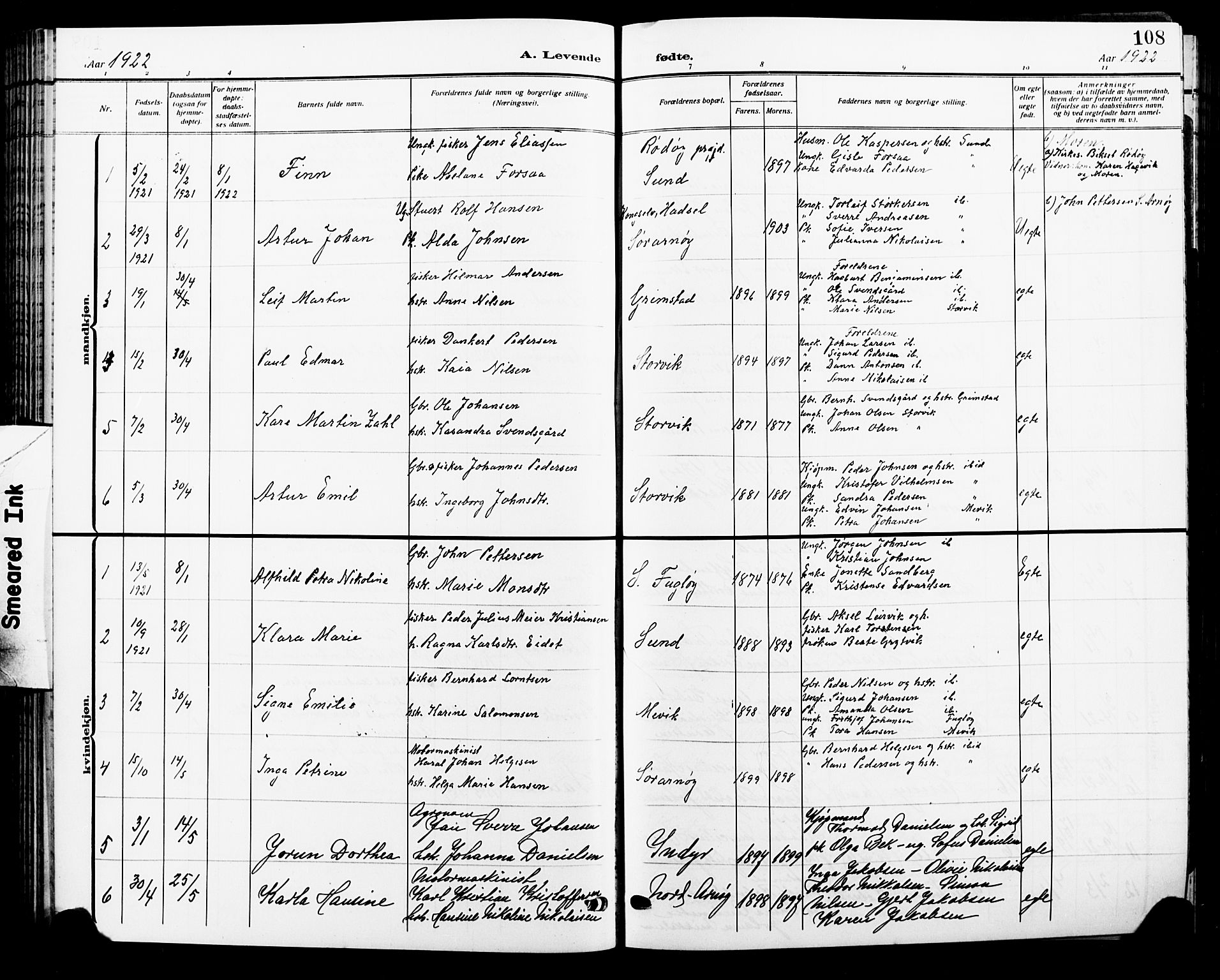 Ministerialprotokoller, klokkerbøker og fødselsregistre - Nordland, AV/SAT-A-1459/805/L0110: Parish register (copy) no. 805C06, 1909-1924, p. 108