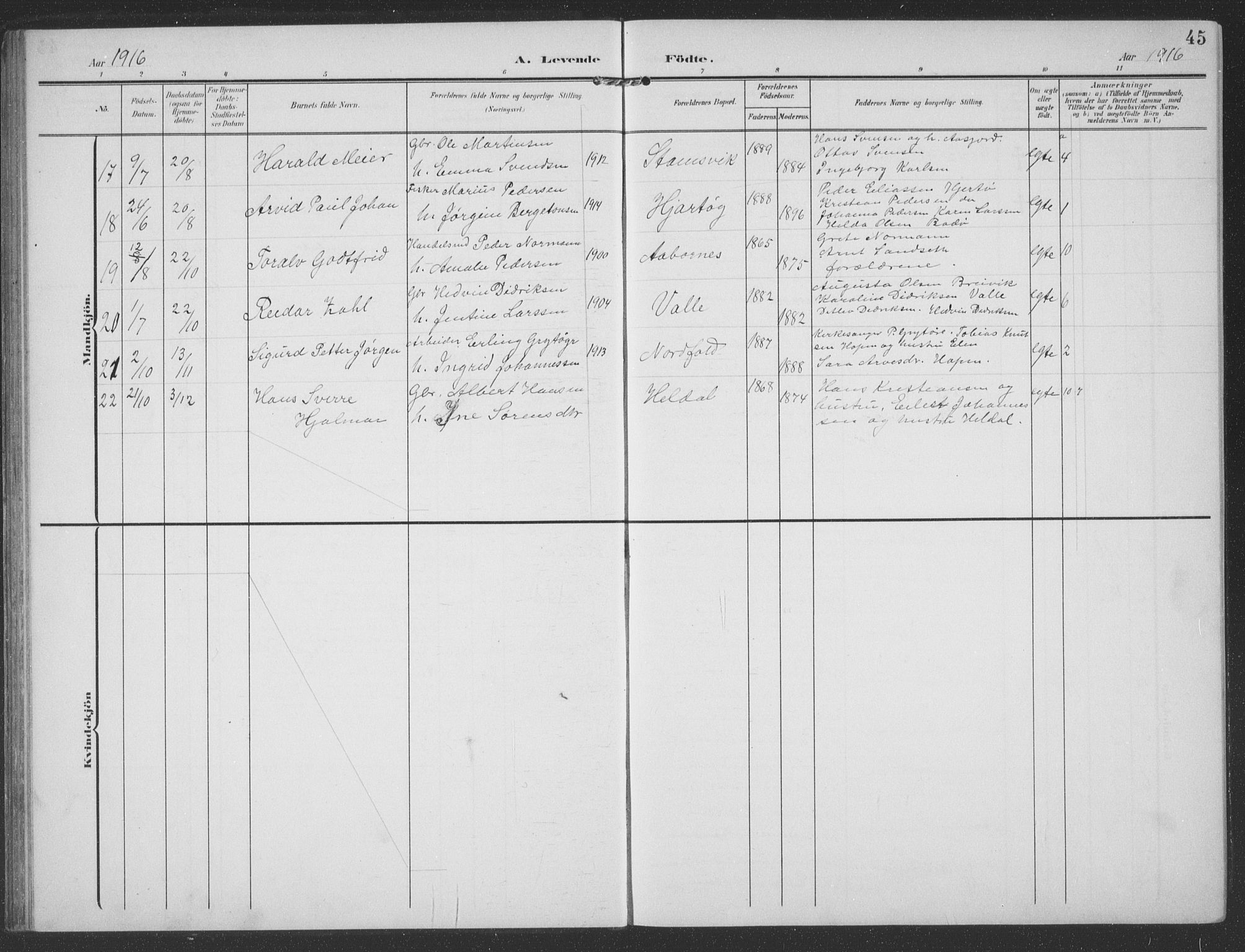 Ministerialprotokoller, klokkerbøker og fødselsregistre - Nordland, AV/SAT-A-1459/858/L0835: Parish register (copy) no. 858C02, 1904-1940, p. 45