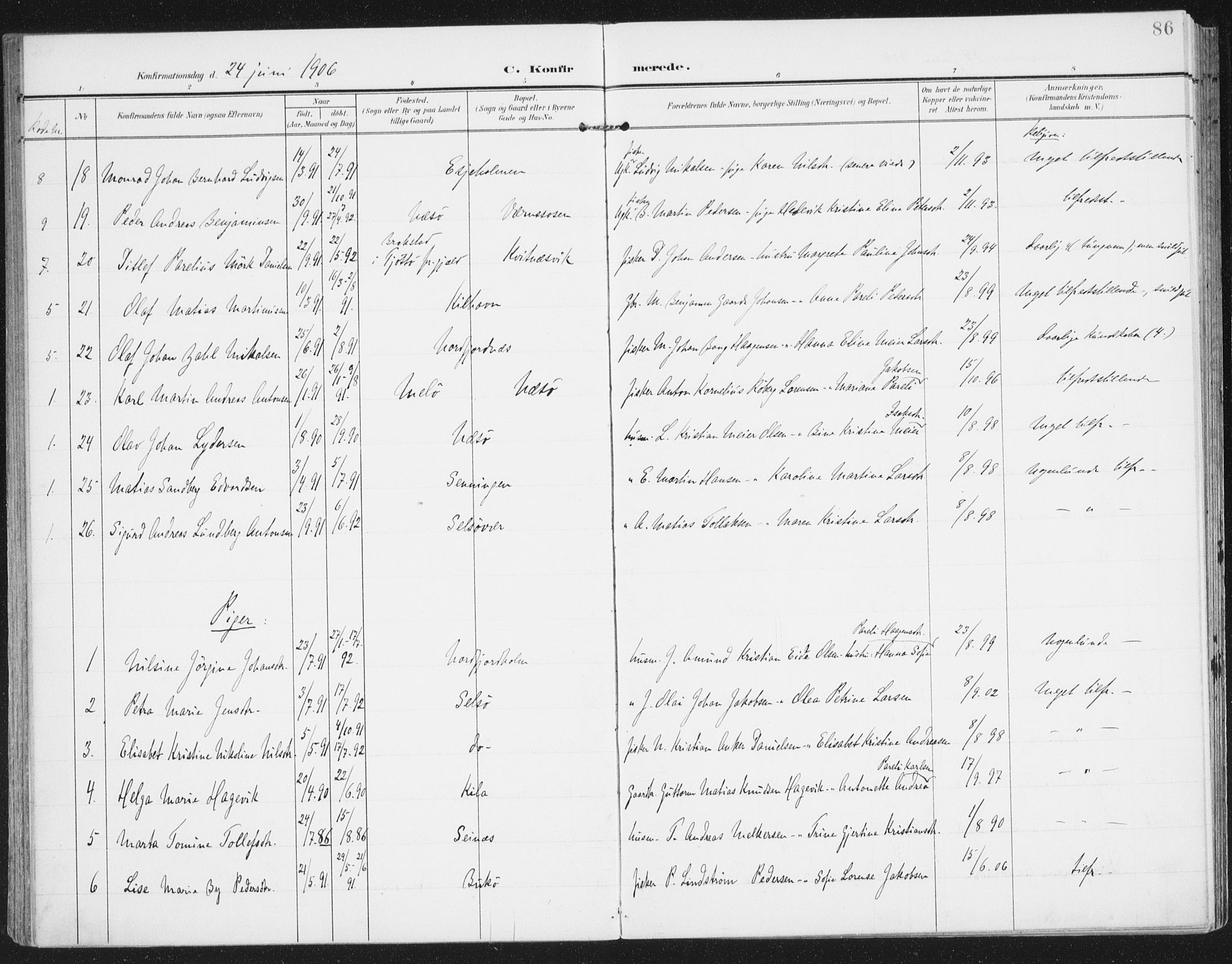 Ministerialprotokoller, klokkerbøker og fødselsregistre - Nordland, AV/SAT-A-1459/841/L0612: Parish register (official) no. 841A15, 1902-1910, p. 86