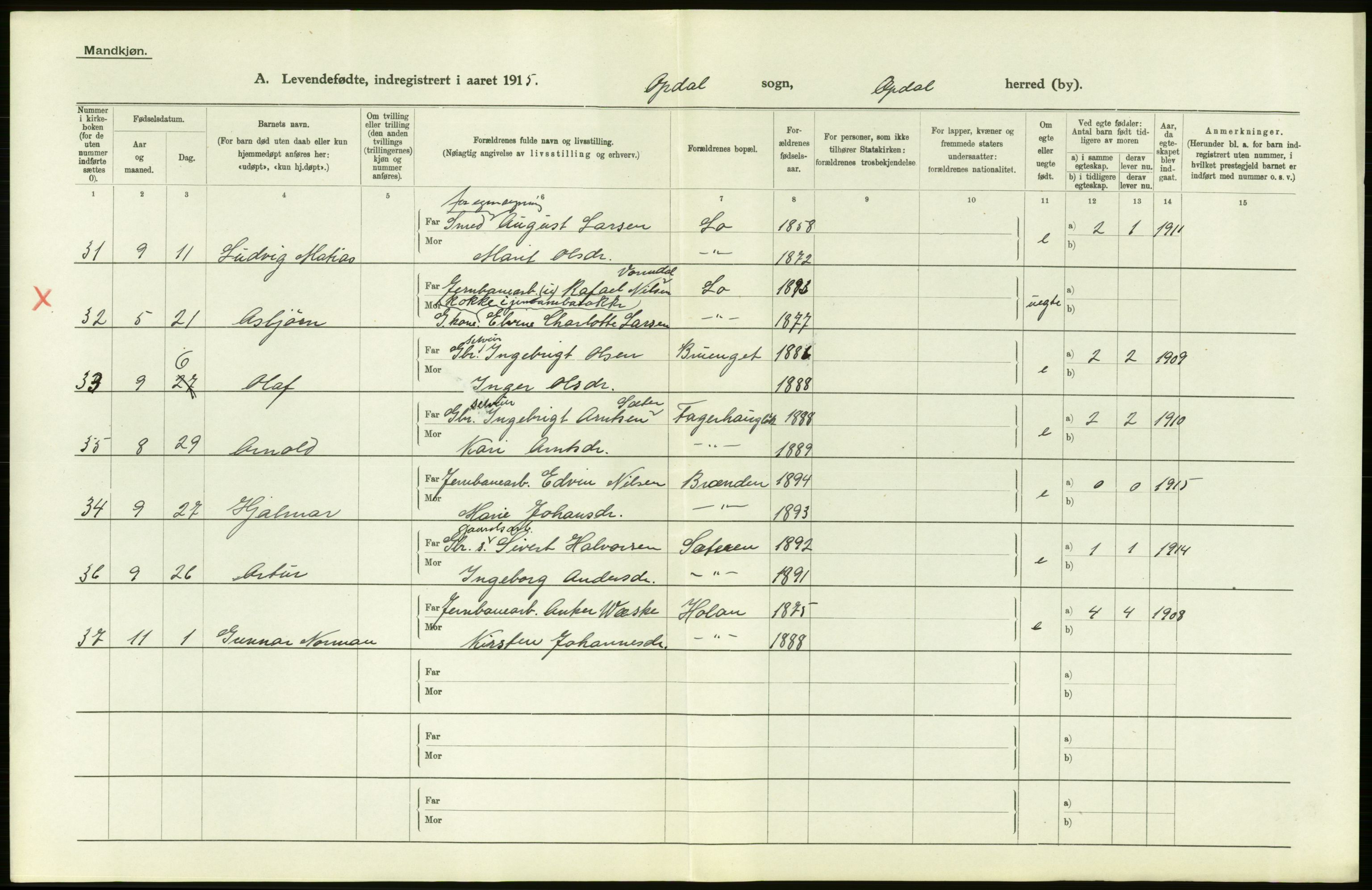 Statistisk sentralbyrå, Sosiodemografiske emner, Befolkning, AV/RA-S-2228/D/Df/Dfb/Dfbe/L0041: S. Trondhjem amt: Levendefødte menn og kvinner. Bygder., 1915, p. 18