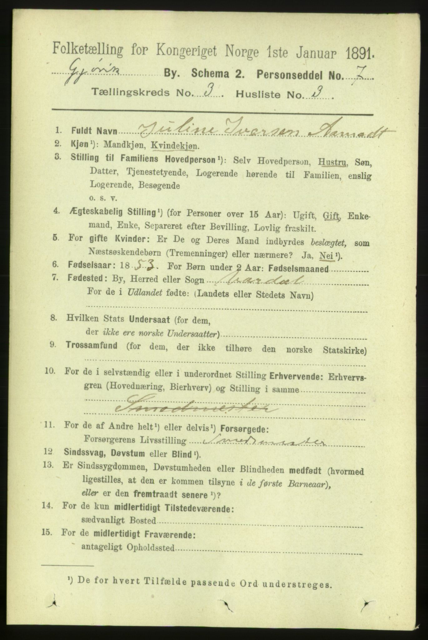 RA, 1891 census for 0502 Gjøvik, 1891, p. 1018