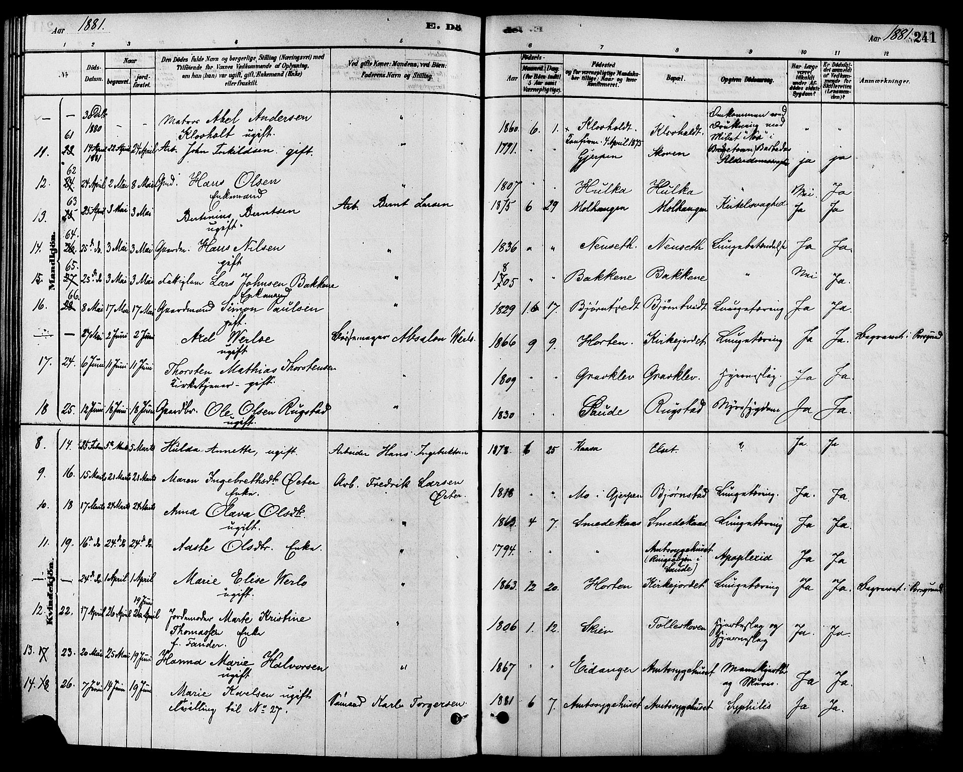 Solum kirkebøker, SAKO/A-306/F/Fa/L0009: Parish register (official) no. I 9, 1877-1887, p. 241