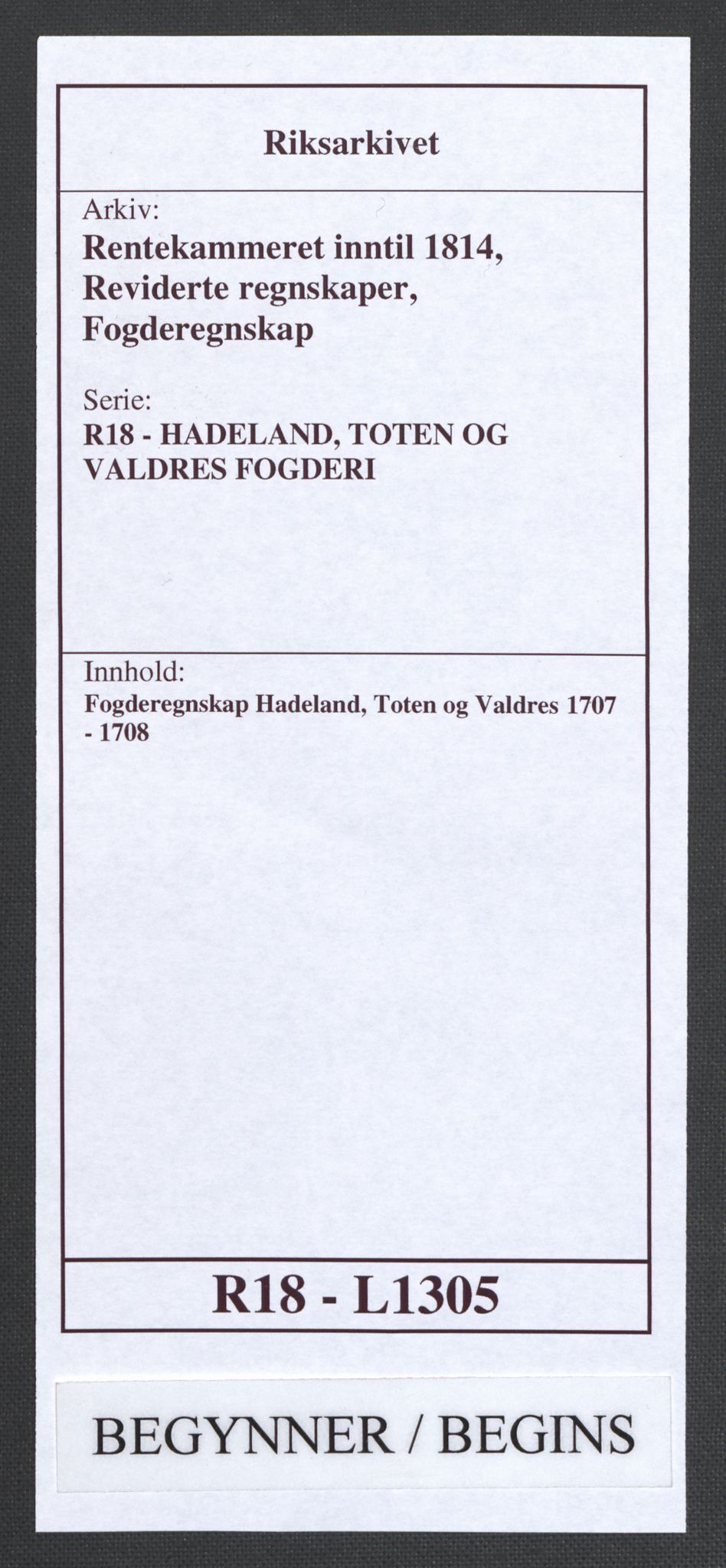 Rentekammeret inntil 1814, Reviderte regnskaper, Fogderegnskap, AV/RA-EA-4092/R18/L1305: Fogderegnskap Hadeland, Toten og Valdres, 1707-1708, p. 1