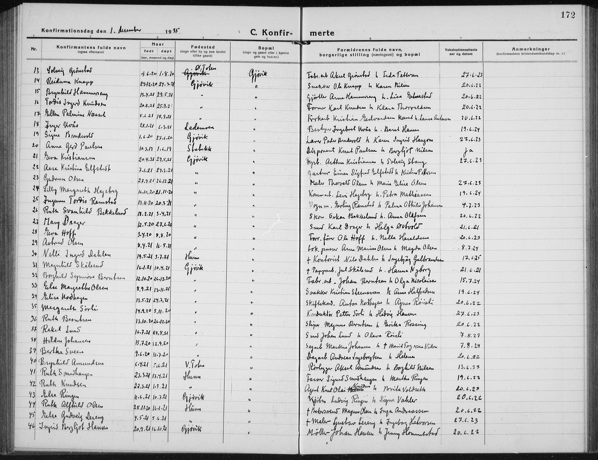 Vardal prestekontor, AV/SAH-PREST-100/H/Ha/Hab/L0017: Parish register (copy) no. 17, 1922-1941, p. 172