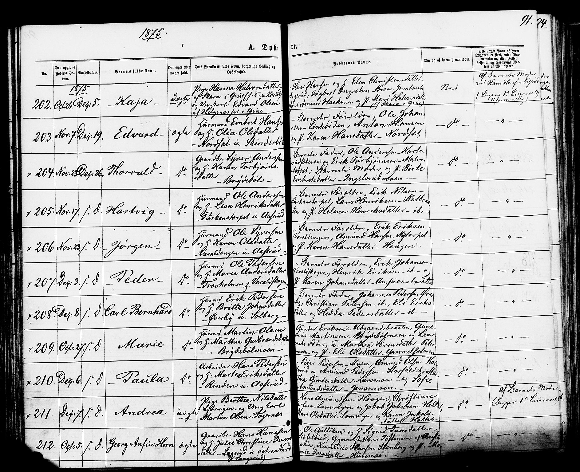 Vinger prestekontor, AV/SAH-PREST-024/H/Ha/Haa/L0012: Parish register (official) no. 12, 1871-1880, p. 91