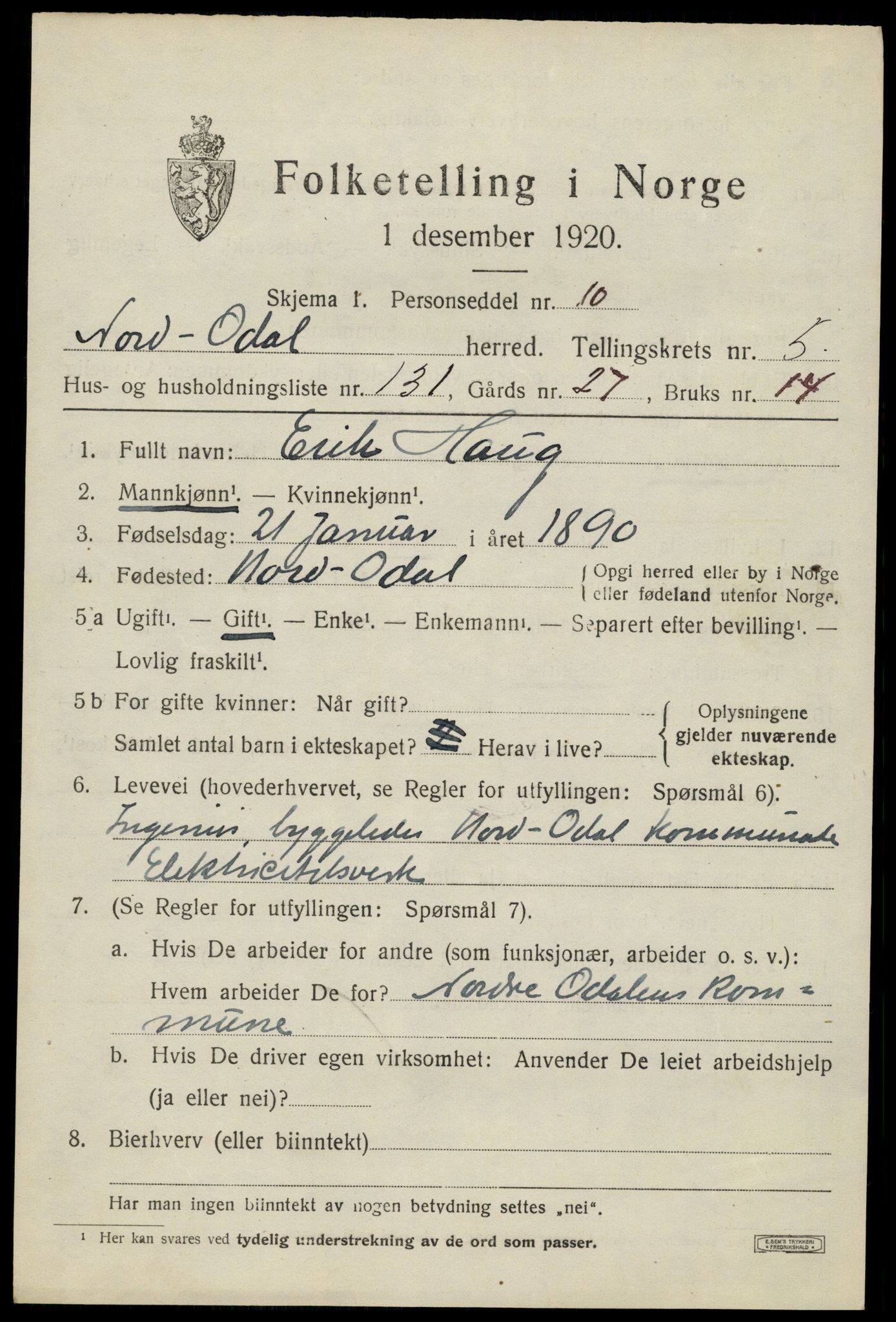 SAH, 1920 census for Nord-Odal, 1920, p. 6559