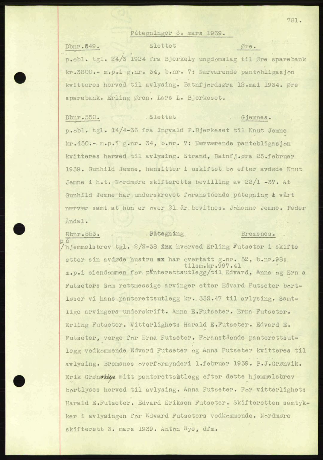 Nordmøre sorenskriveri, AV/SAT-A-4132/1/2/2Ca: Mortgage book no. C80, 1936-1939, Diary no: : 549/1939