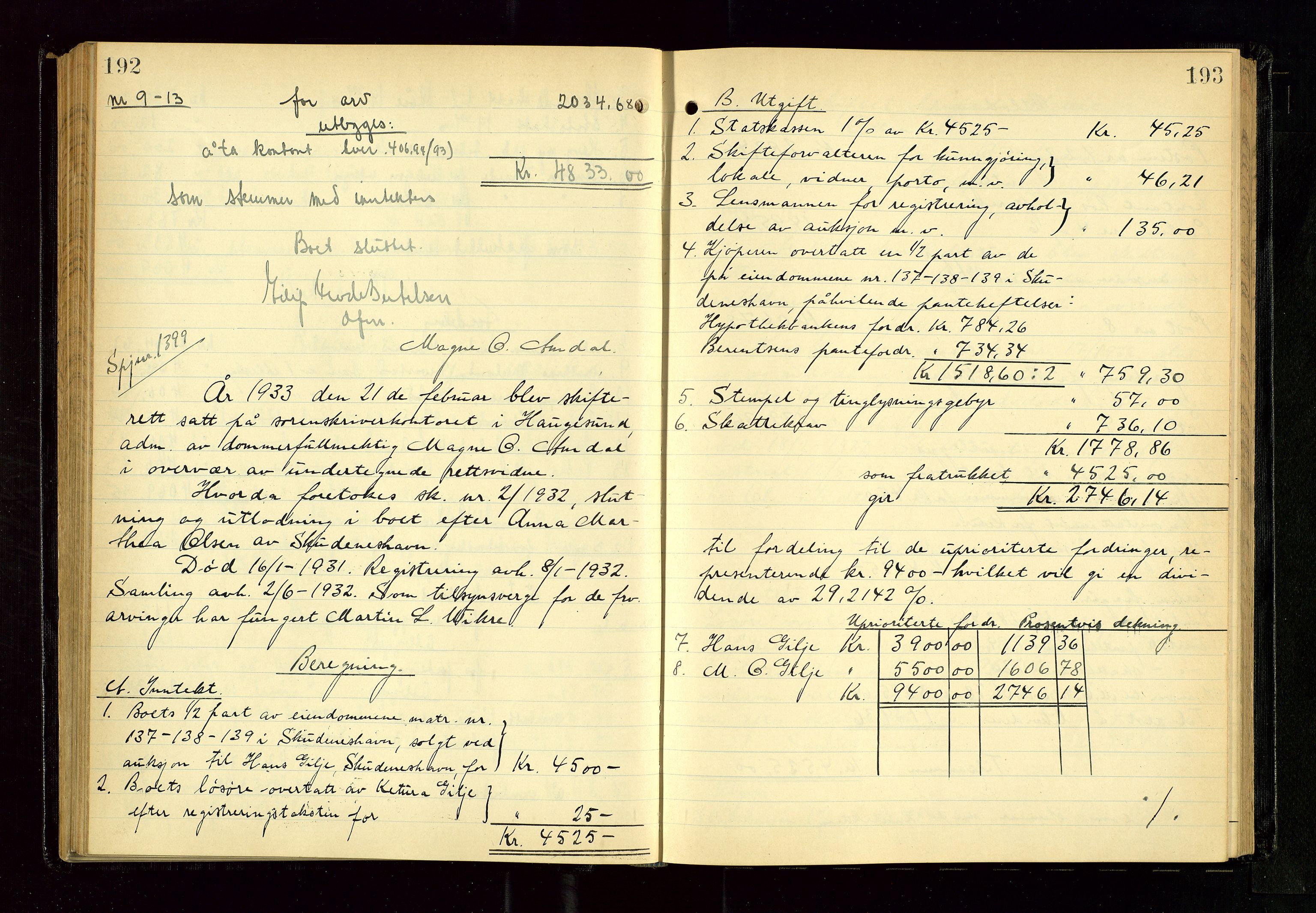 Karmsund sorenskriveri, AV/SAST-A-100311/01/IV/IVGB/L0005: SKIFTEUTLODNINGSPROTOKOLL, 1931-1936, p. 192-193