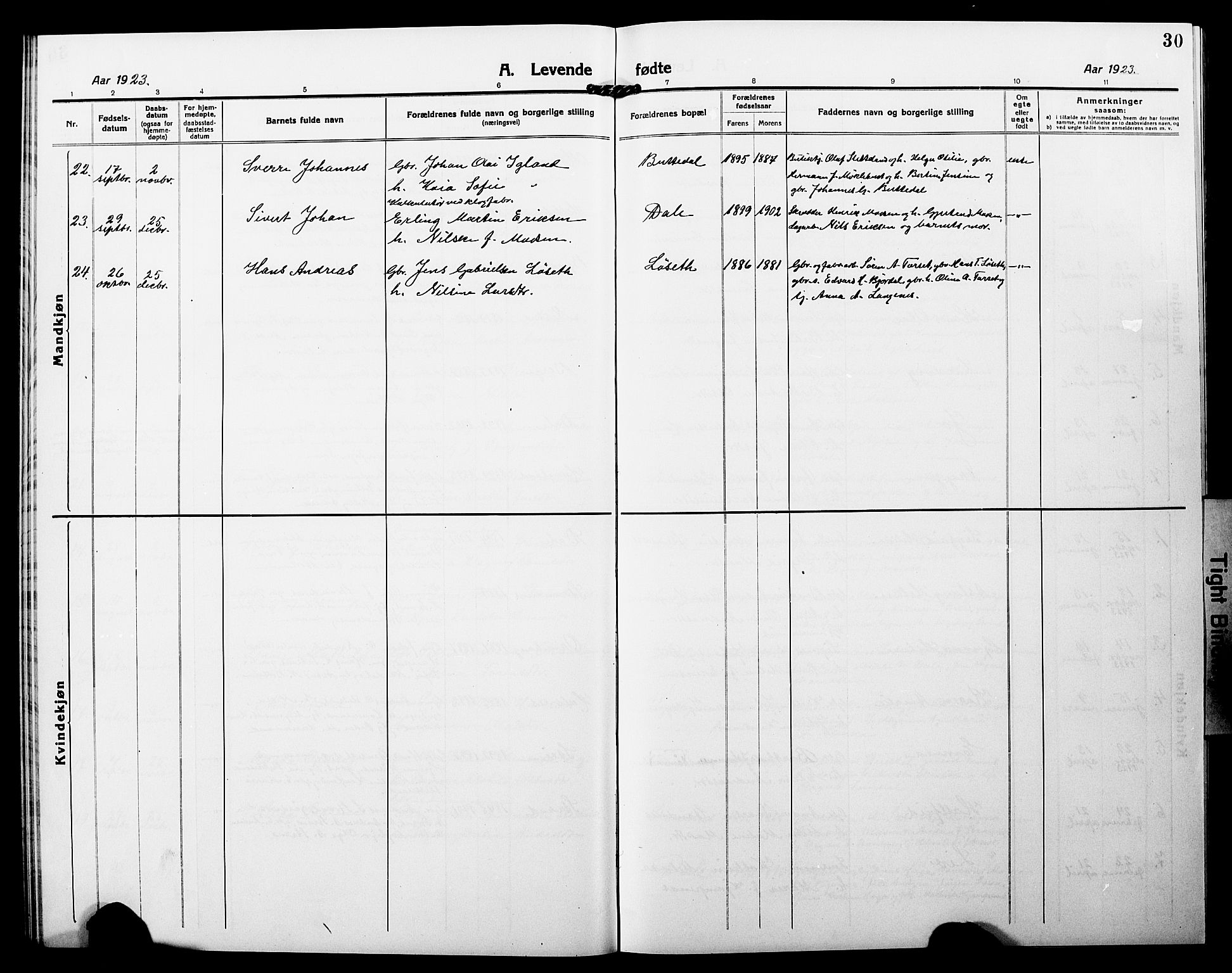 Fjaler sokneprestembete, SAB/A-79801/H/Hab/Habc/L0004: Parish register (copy) no. C 4, 1914-1927, p. 30