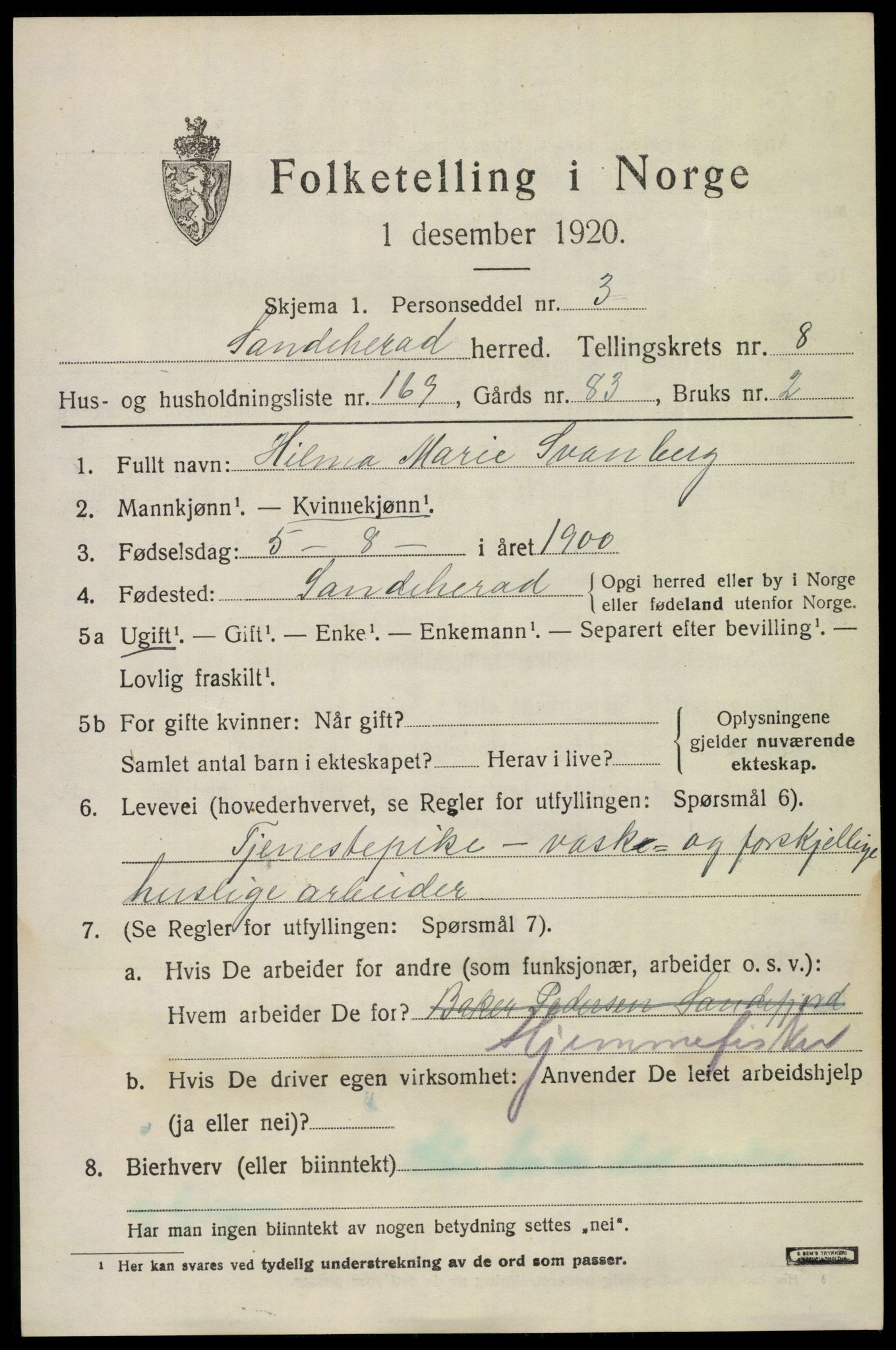 SAKO, 1920 census for Sandeherred, 1920, p. 14258
